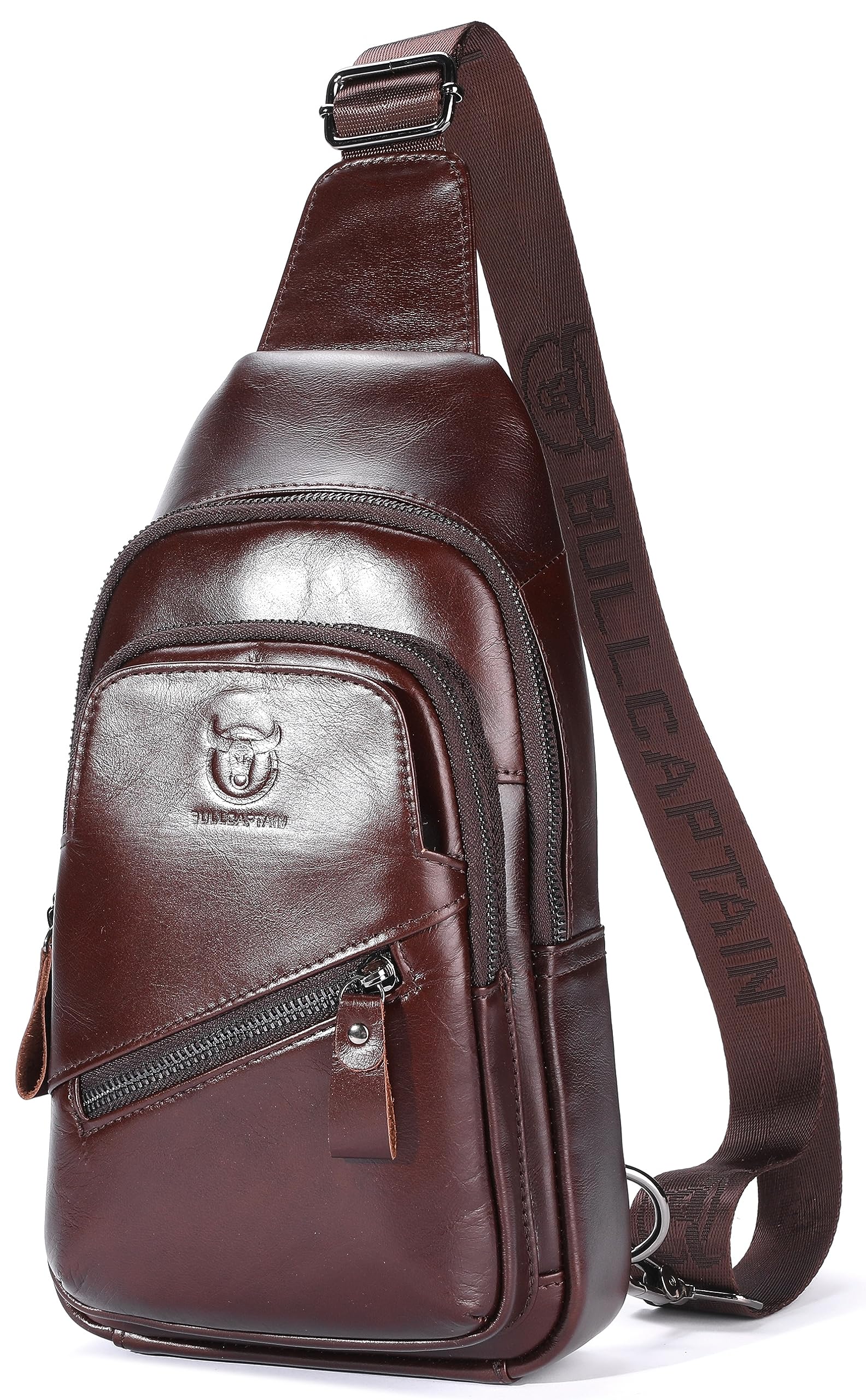 BULLCAPTAIN Mens Leather Sling Bag Backpack Casual Outdoor Shoulder Crossbody Chest Bag with USB Charging Port