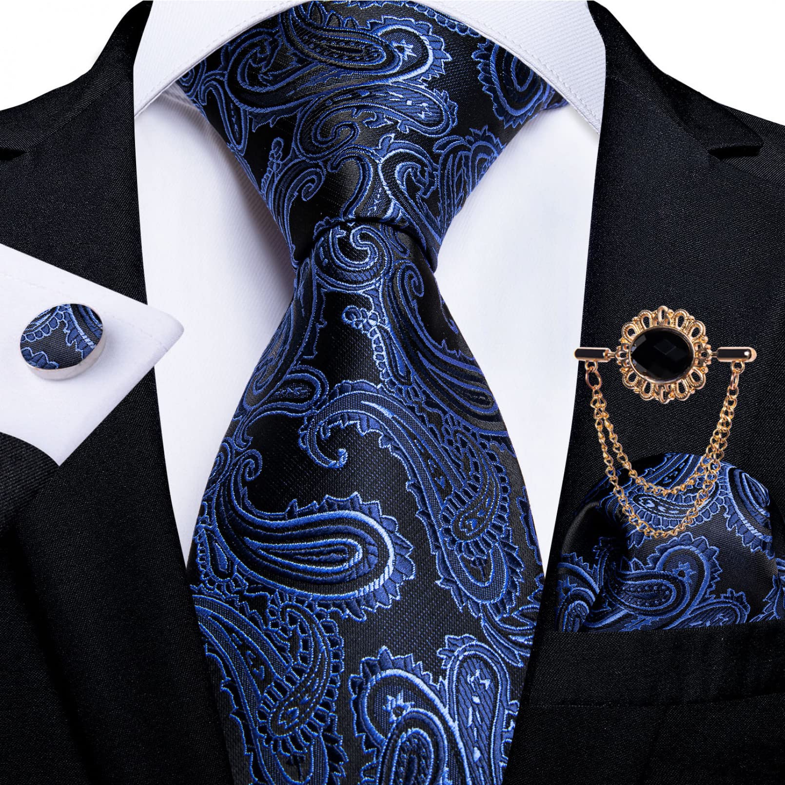 Corbata de los hombres Corbata azul Paisley Floral Hombres Negocios Corbata 8cm Ancho Seda Corbata Broche Set Regalo de los Hombres