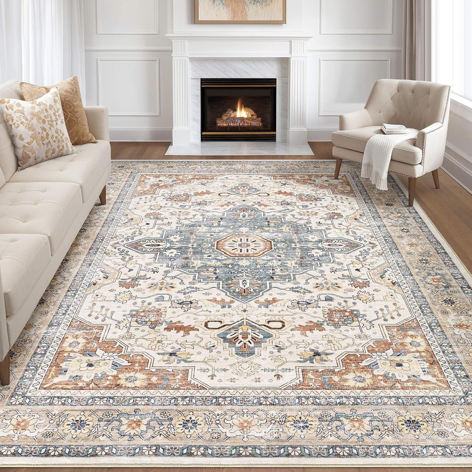 8x10 Area Rugs Living Room: Washable Boho Large Neutral Vintage Soft Rug Stain Resistant Distressed Farmhouse Non-Slip Indoor Floor Carpet for Bedroom Nursery Kids Office Dining Room- Beige Blue Beige Blue 8' x 10' (Rectangular)