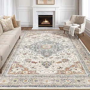 10x12 Area Rug Living Room: Washable Boho Large Neutral Vintage Soft Rugs Stain Resistant Distressed Farmhouse Non-Slip Indoor Floor Carpet for Bedroom Nursery Kids Office Dining Room- Beige Blue