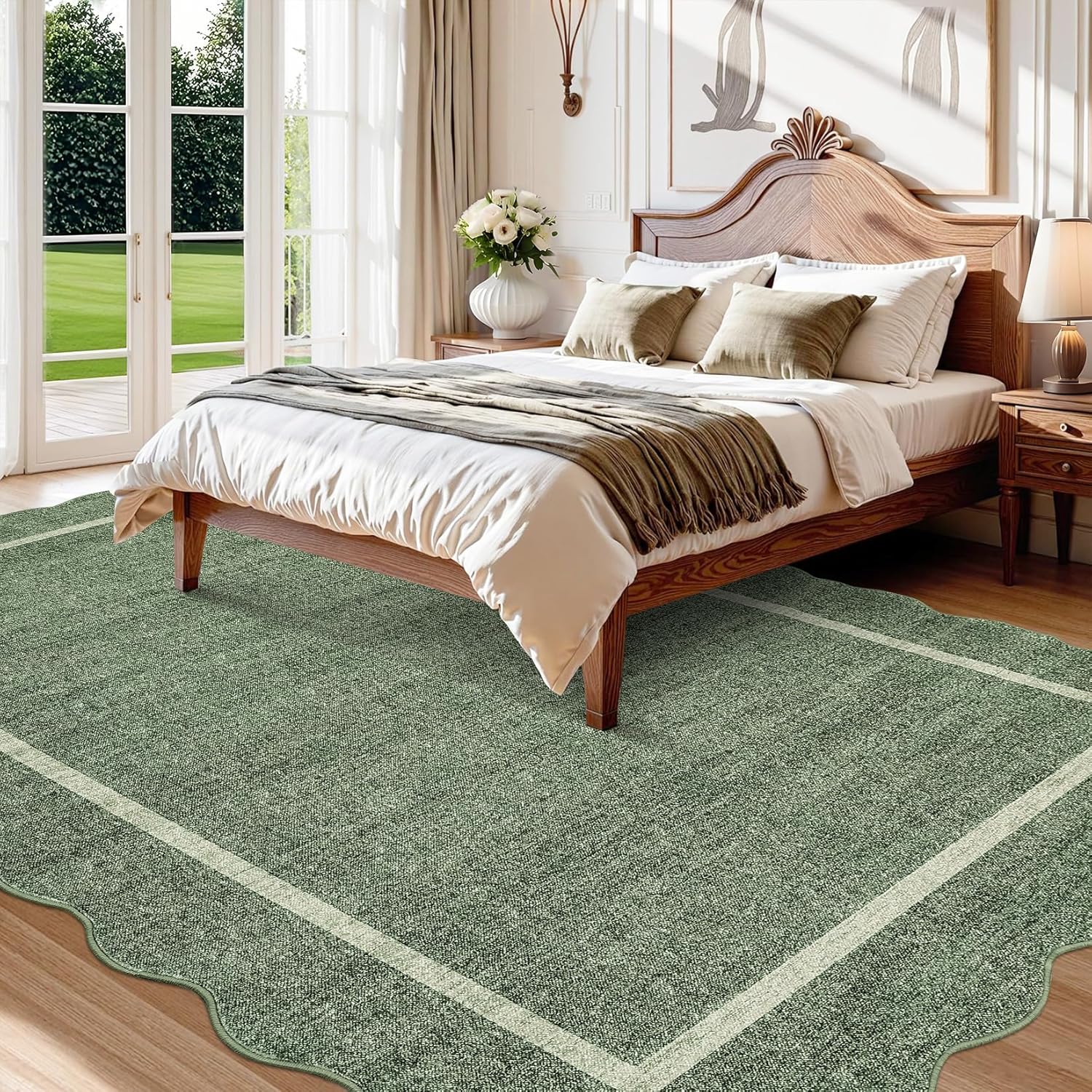 GarveeHome Scalloped Washable Rug 5x7 Area Rug for Living Room Modern Non Slip Throw Rugs Bedroom Rugs Low Pile Soft Non Shedding Stain Resistant Carpet for Dining Room Nursery 5'x7' Greyish Green - Image 3