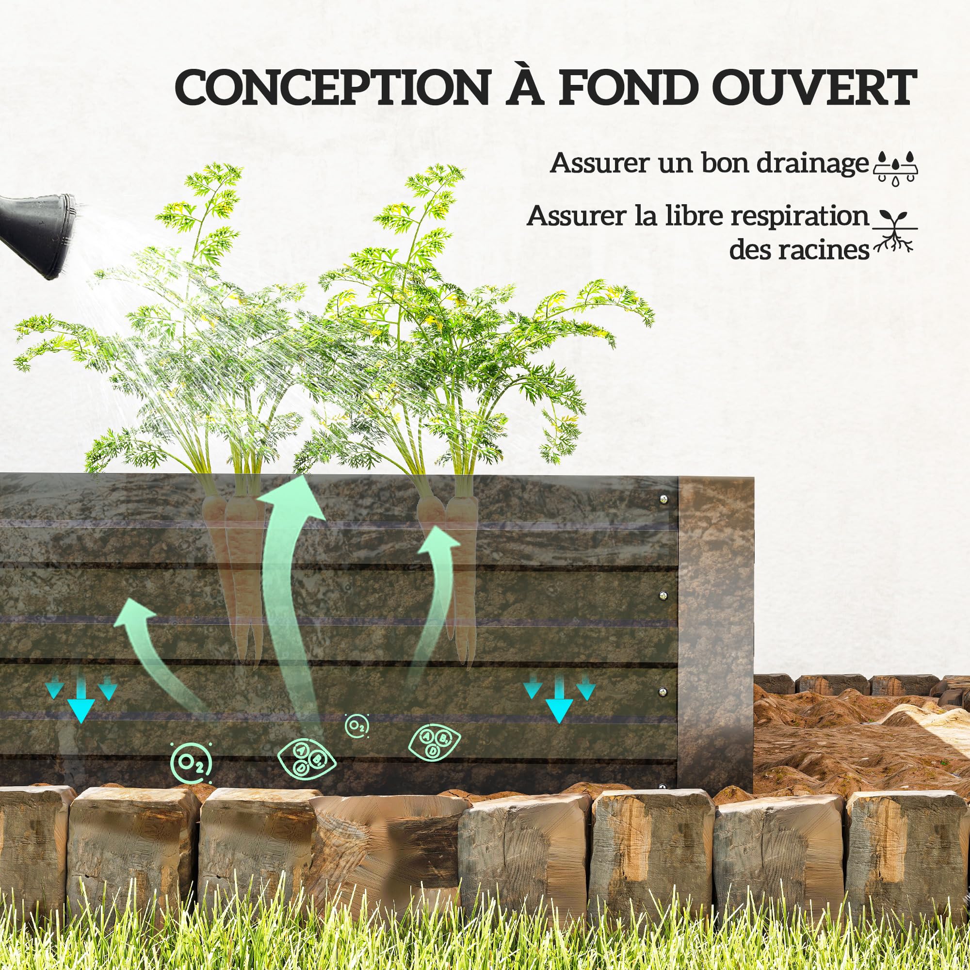 Outsunny Carré Potager Grande Capacité 180 x 90 x 29,5 cm Noir | Jardinière Rectangulaire, Acier Galvanisé, avec Tuteurs, pour Tomates et Plantes Grimpantes