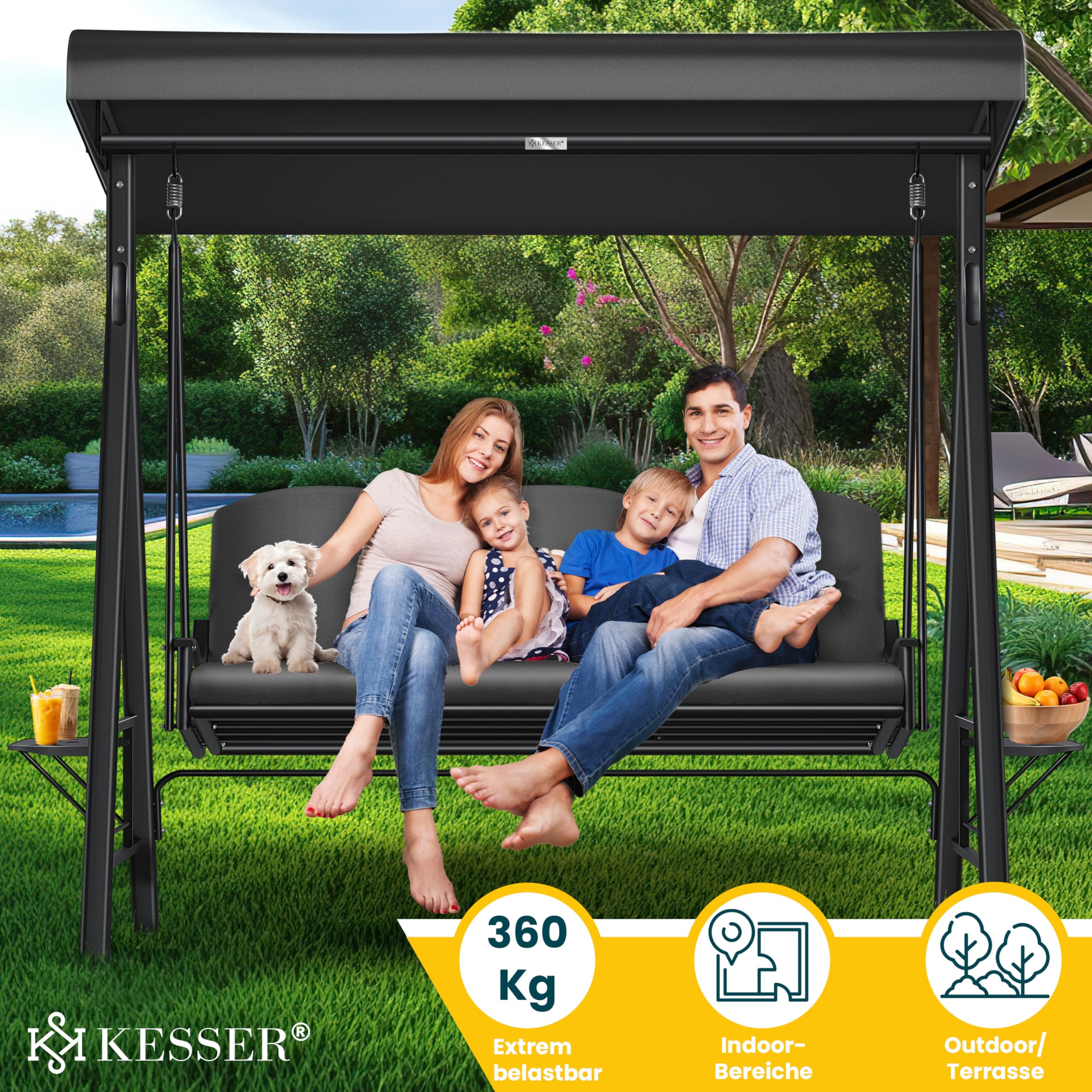 KESSER® Hollywoodschaukel mit Sonnendach 3-Sitzer & Sitzpolster-Auflage | Gartenschaukel bis 360kg belastbar | Gartenliege mit Anti-Rutsch-Füßen | Schaukelbank wasserabweisend für Outdoor & Indoor