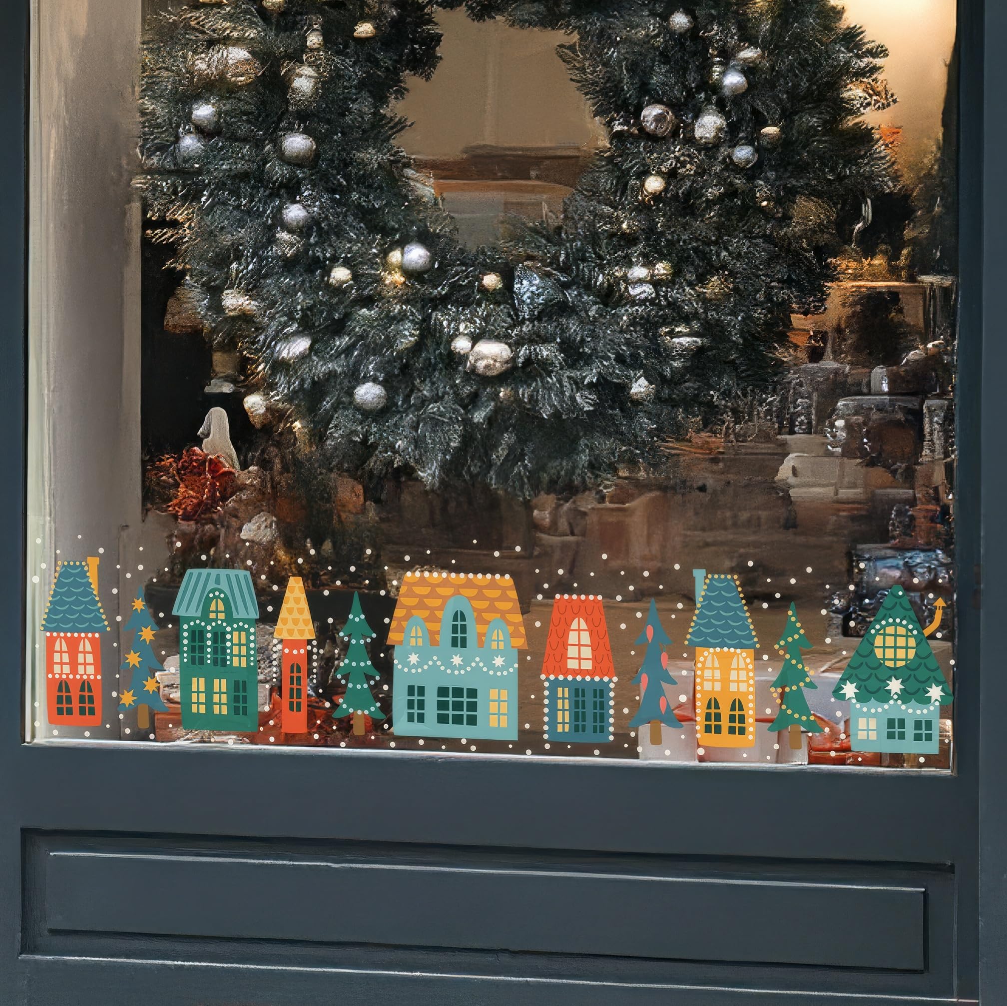 Grands autocollants de Noël réutilisables – Maisons de village scandinave Scène de rue de Noël – Décorations de Noël double face