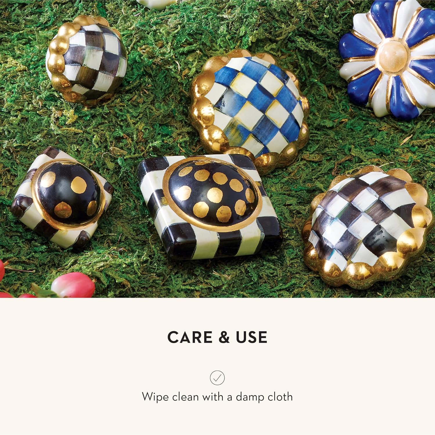 MACKENZIE-CHILDS Petit Round Knob, Decorative Drawer Pull Knob, Black-and-White Courtly Check
