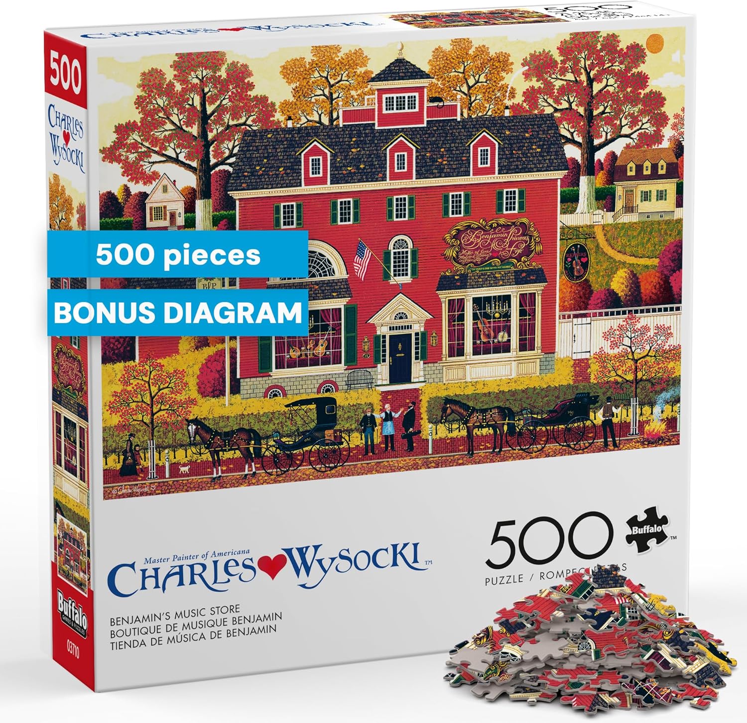 Buffalo Games - Benjamin’s Music Store - Charles Wysocki - 500 Piece Jigsaw Puzzle for Adults - Americana Folk Art Fall Scene with Autumn Colors - Adult Puzzles