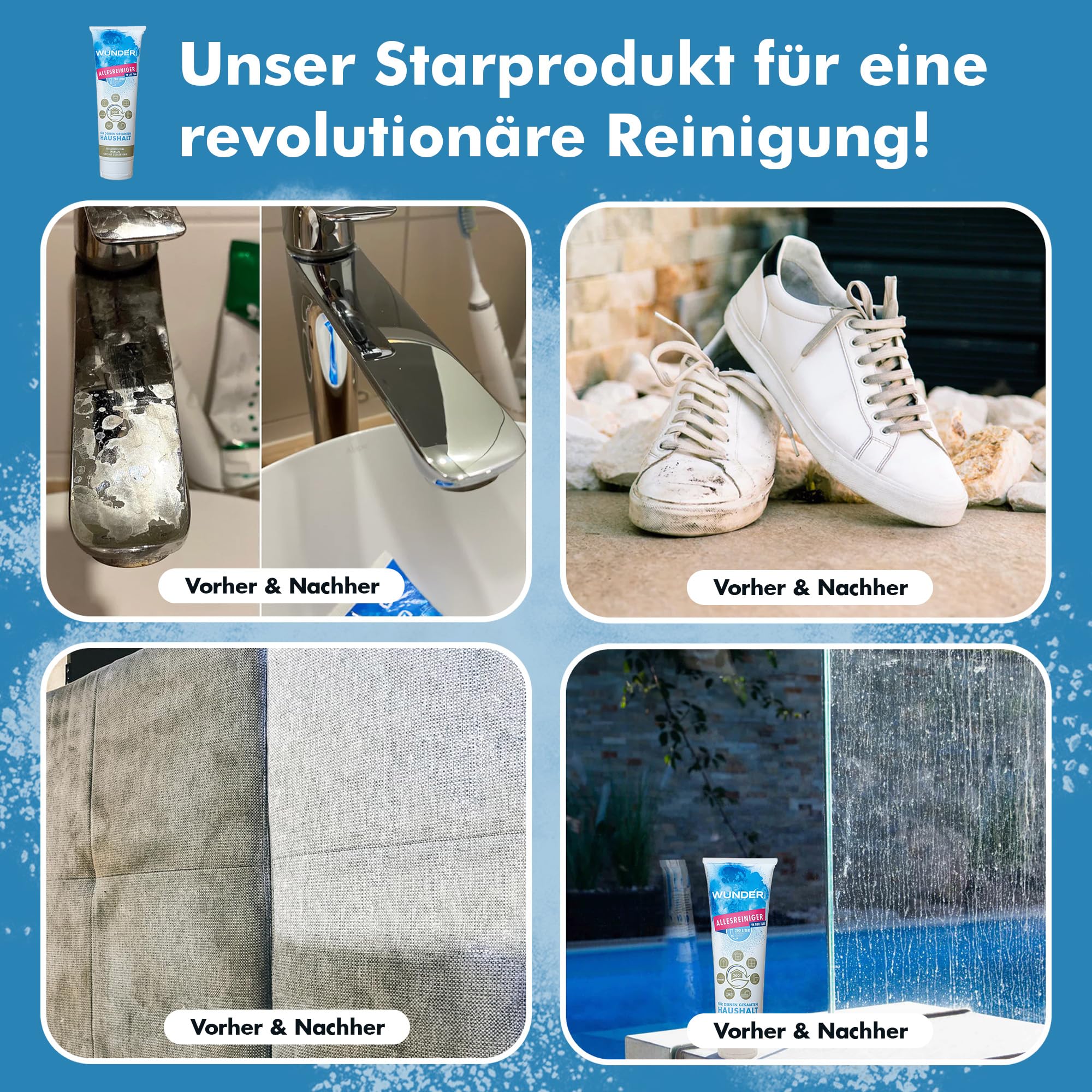 Allzweckreiniger, bis zu 200 Liter kraftvolle Reinigungslösung, Geruchsfrei Reinigungsset, Universalreinigung Putzmittel, (3x Wunderrein, 2x Steine, 2x Zauberradierer, 1x Handbürste)