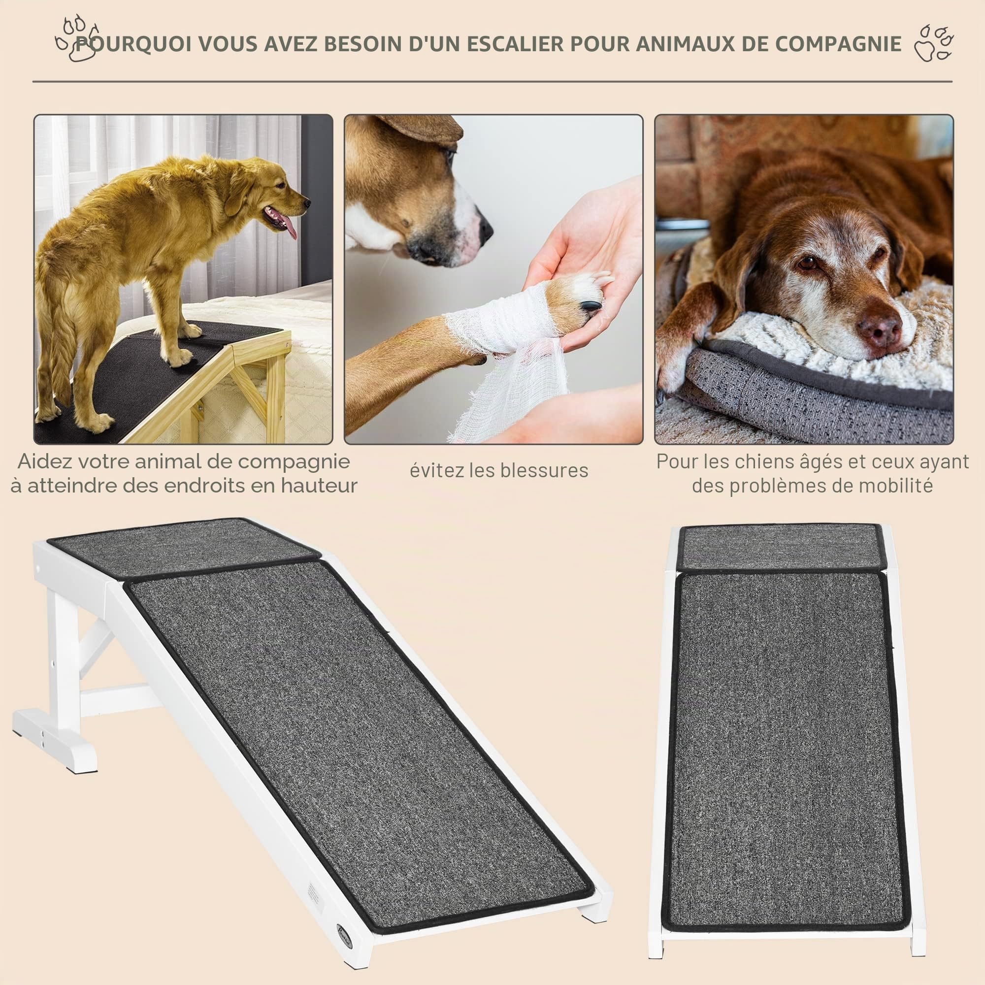 PawHut Rampe pour Animaux de Compagnie avec Tapis antidérapant échelle pour Animaux de Compagnie Rampe pour Chiens jusqu'à 30 kg Bois de pin Polyester Blanc+Gris 125 x 40 x 35,5 cm