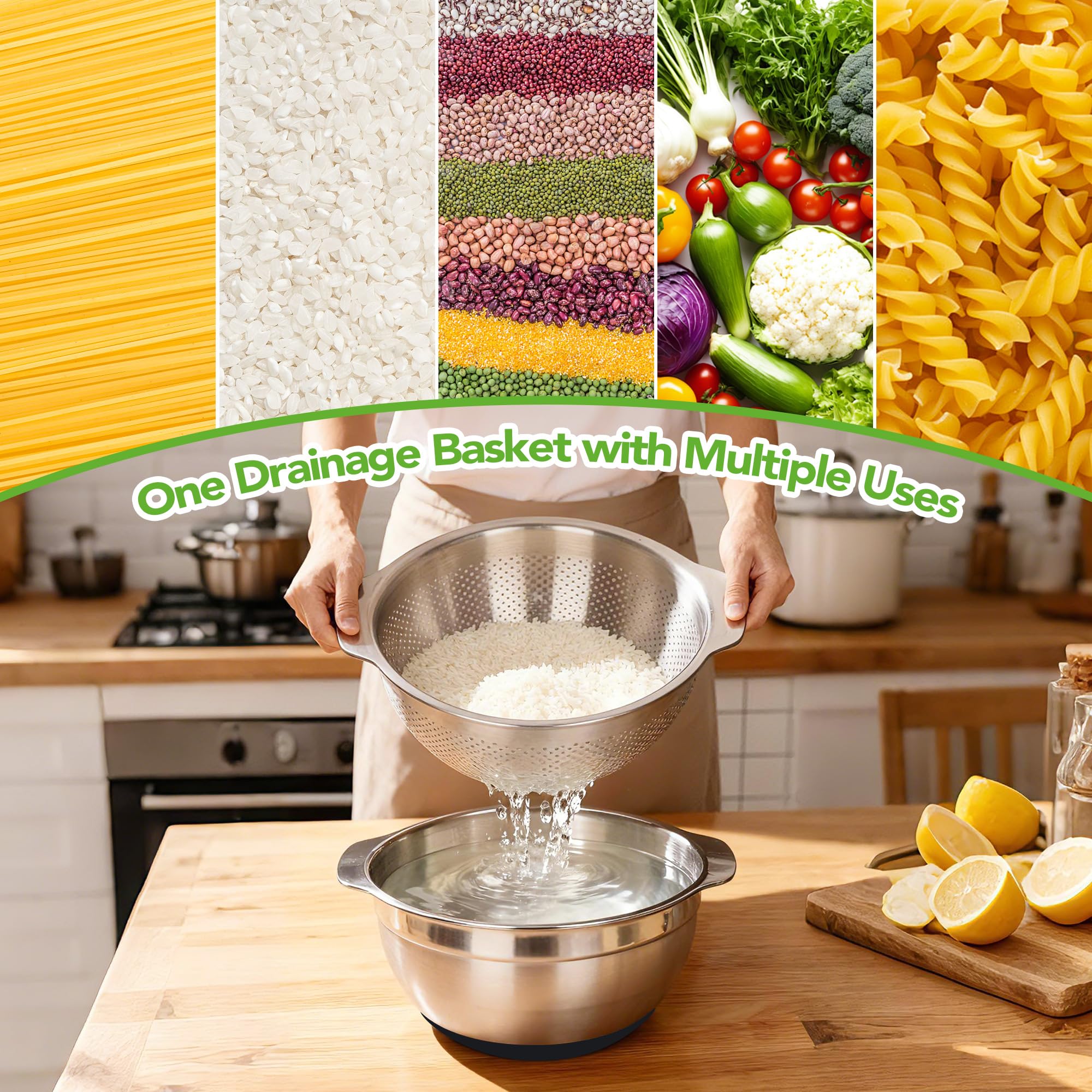 Passoire et passoire en acier inoxydable 304, grande capacité de 5 l et bol mélangeur de 6 l avec couvercle, micropore pour laver le riz, les fruits et les pâtes, base antidérapante, parfait pour la