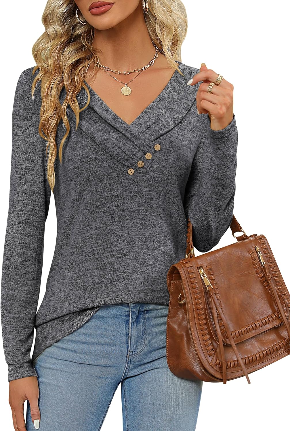 Women's Fall Long Sleeve Tunic Tops for Leggings V Neck Button Casual Blouse Sweatshirt - Image 3