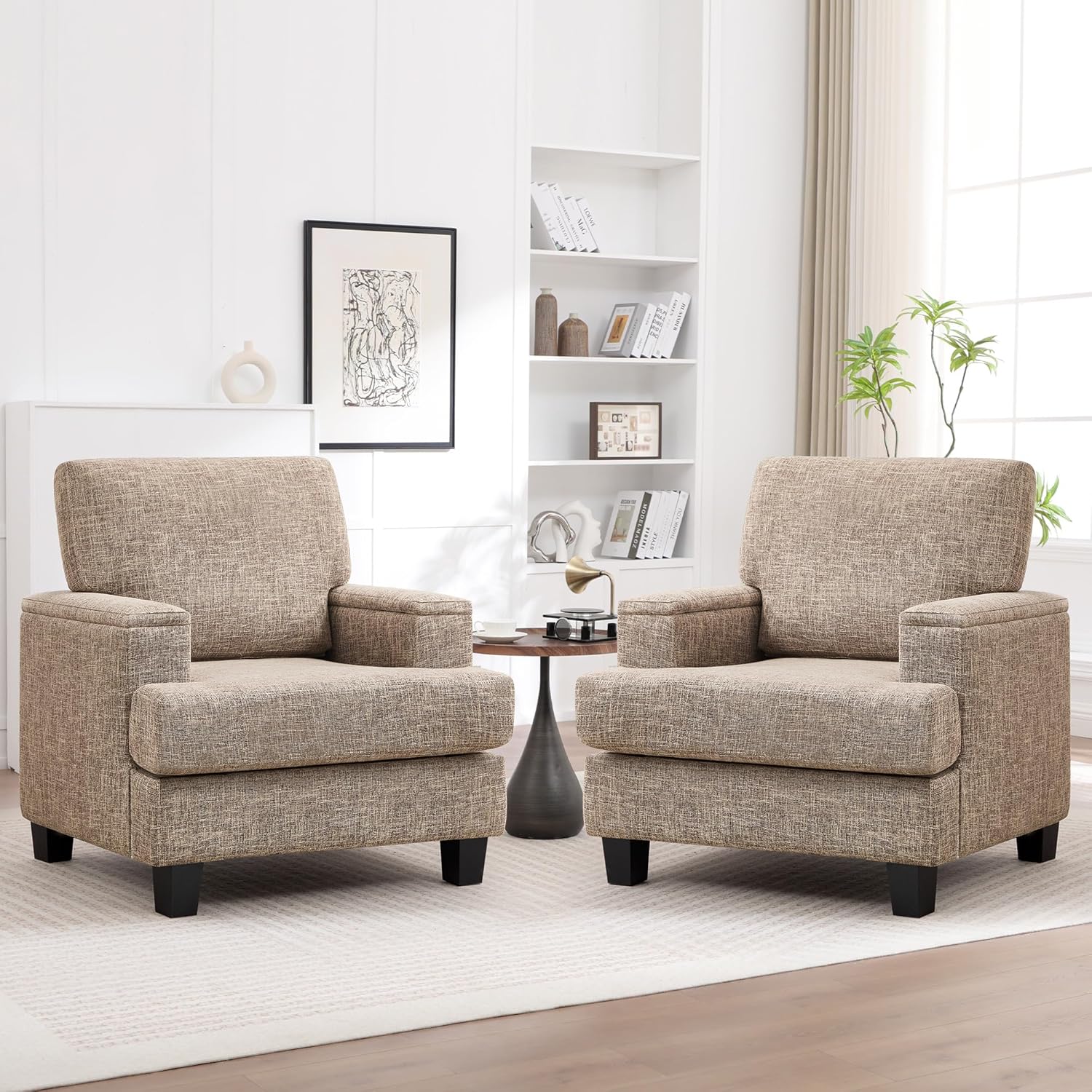 Accent Chairs Set of 2 with Armrest Storage, Modern Upholstered Reading Living Room Chairs, Comfy Large Armchairs, Fabric Single Sofa Chair for Bedroom (Yellowish Brown)