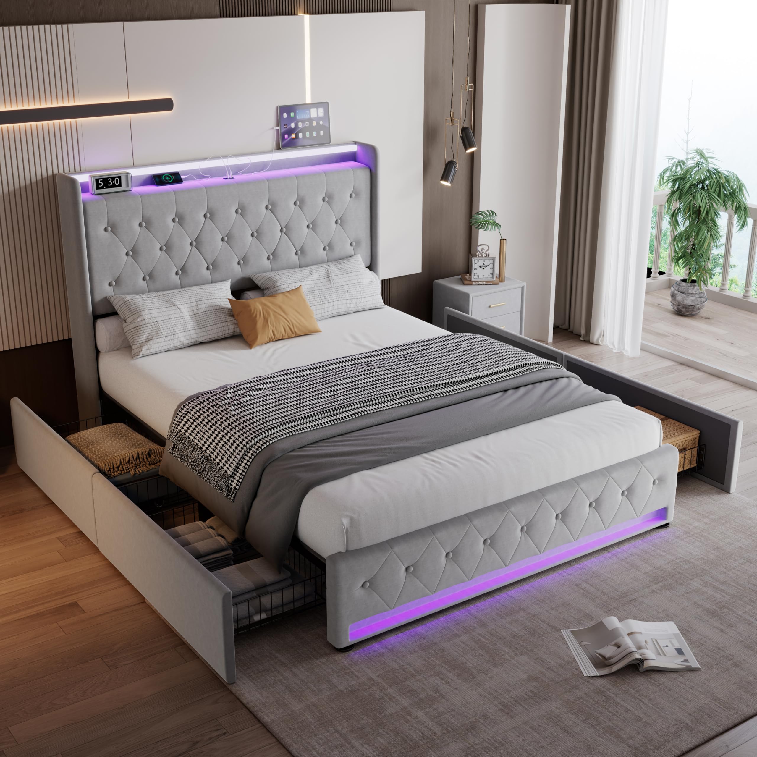 Mrwoo 4ft6 Upholstered Double Bed with Charging Station, Features four Under-Bed Drawers and a Soft Backrest, LED Strip Lighting, With Bed Slats, for Adults & Teenagers, Velvet, Grey (No Mattress)