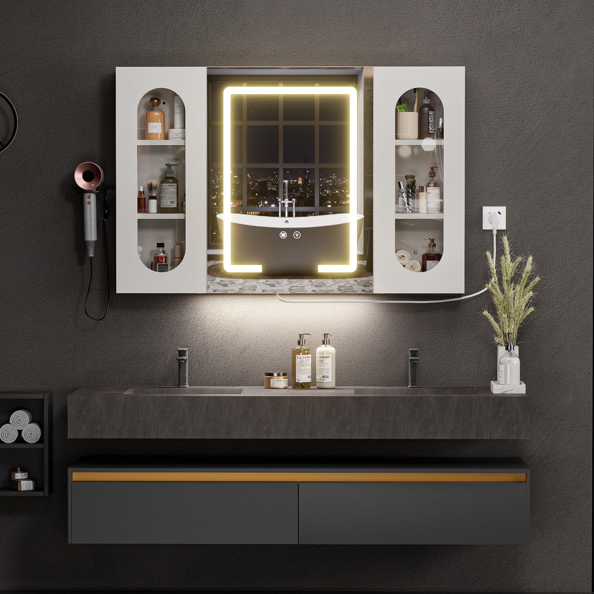 Armario Baño con Espejo LED iluminación y Función de desempañadora Armario Baño Espejo de Pared con Enchufe, 3 Compartimentos Grandes y Soporte para secador de Pelo, 100x65x16 cm