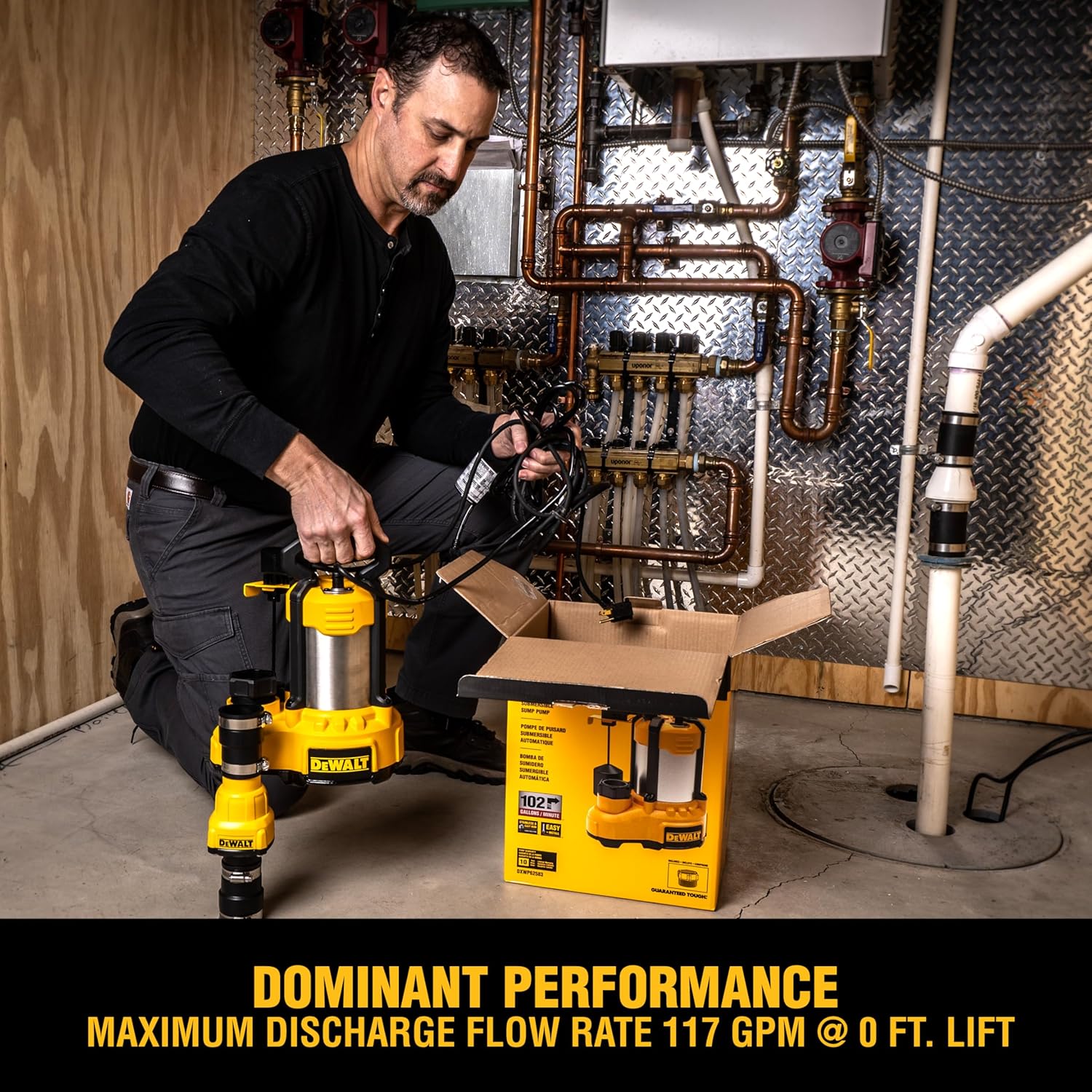 DEWALT® 1 HP Stainless Steel and Cast Iron, Efficient, Fully Submersible Sump Pump with Piggy-Back Vertical Float Switch, 10-Foot Cord, 117 GPM / 6480 GPH