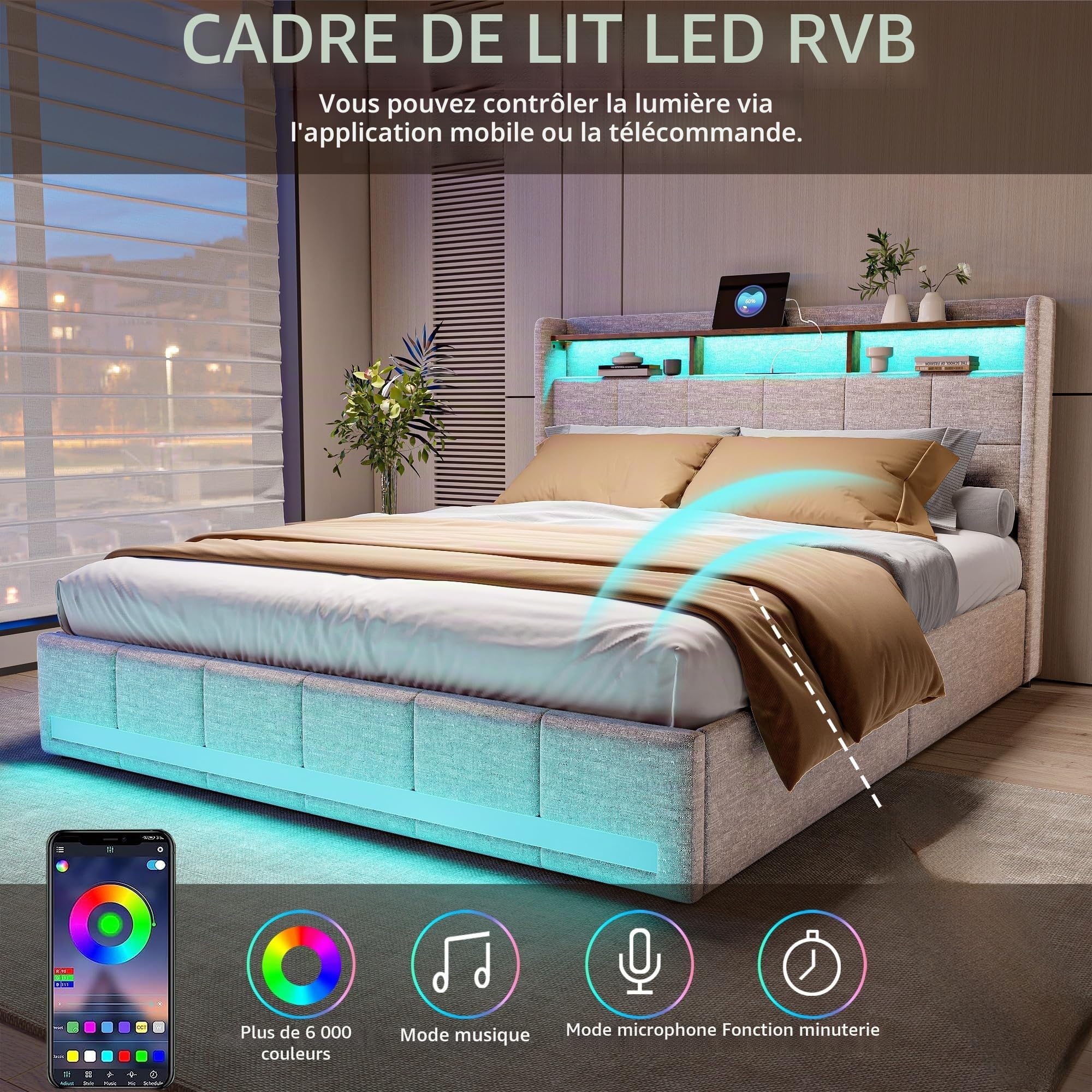 Lit Double 160x200 avec Sommier et LED, Cadre de Lit avec 4 Tiroirs de Rangement, Lits Rembourré avec USB et Type-C, Lit Capitonné, Lit 2 Personnes pour Adolescents, Lin(Beige-Lin A, 160*200)