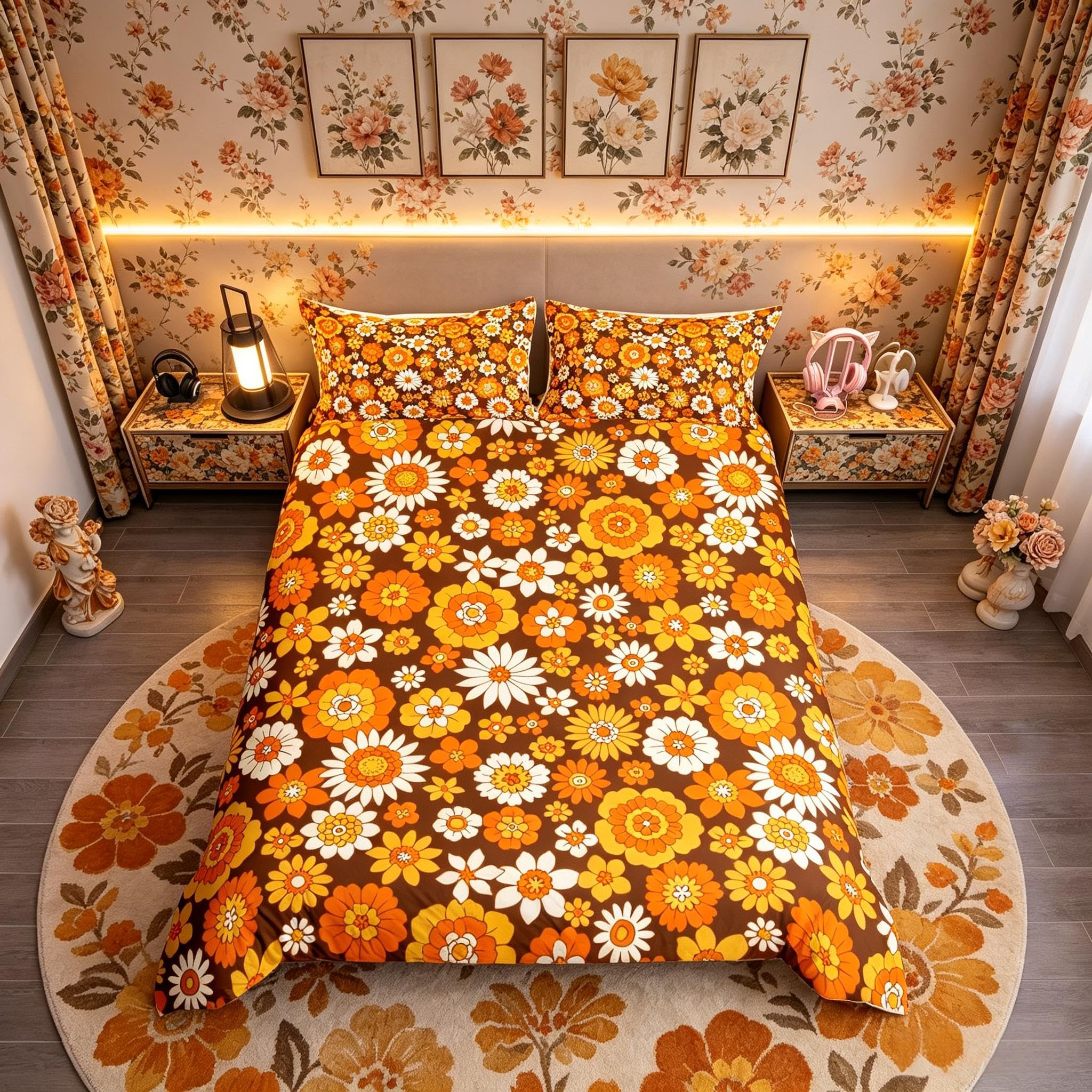 Homemissing 60S 70S Groovy Duvet Cover Kids Retro Hippie Flower Bedding Set Vintage Boho Plant Floral Comforter Cover for Boys Girls Teens Botanical Blossom Brown Bedding Double Size