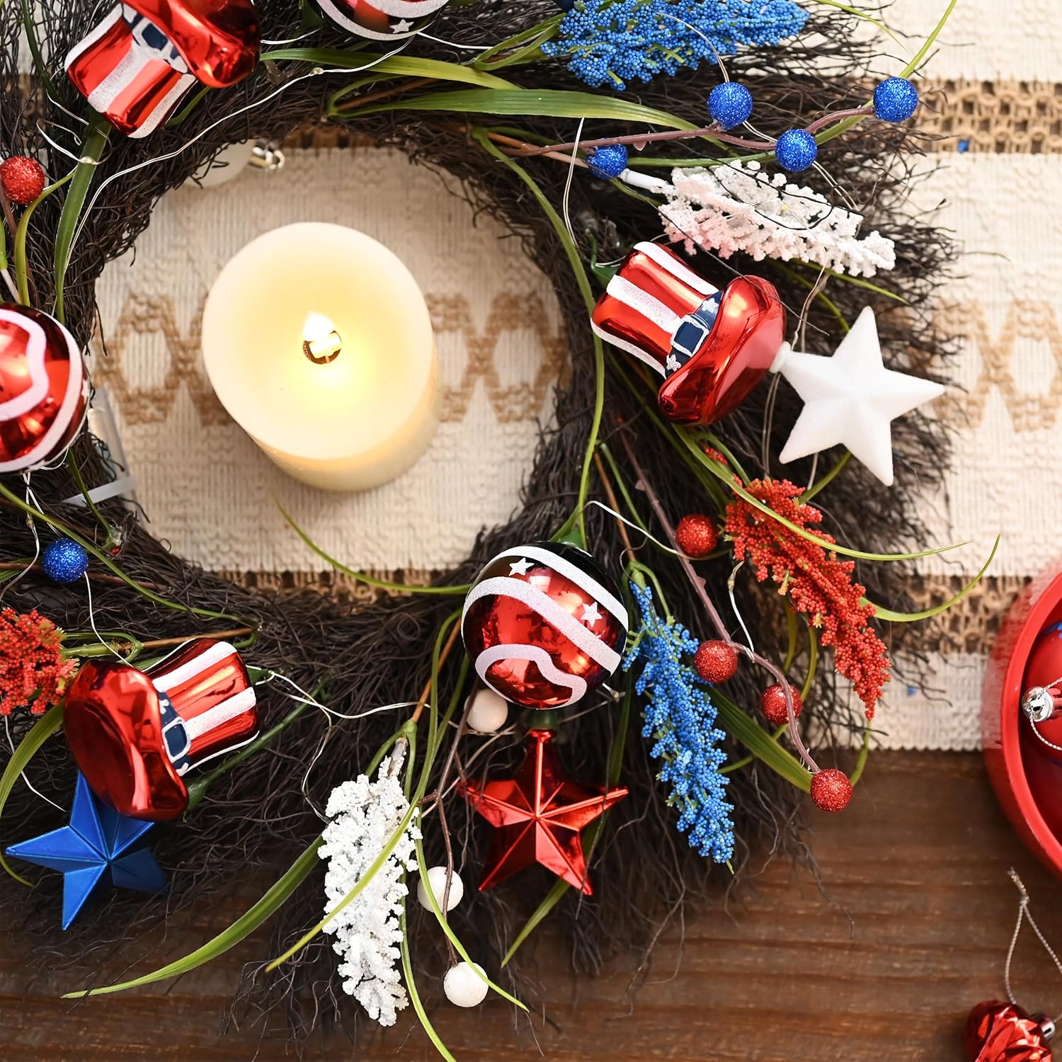 Valery Madelyn Patriotic 4th of July Wreath for Front Door 18 inch American Flag Door Wreaths, Red White Blue Wheat Wreath Decorations with Top Hat Ornaments for Window Porch for National Holiday - Image 5