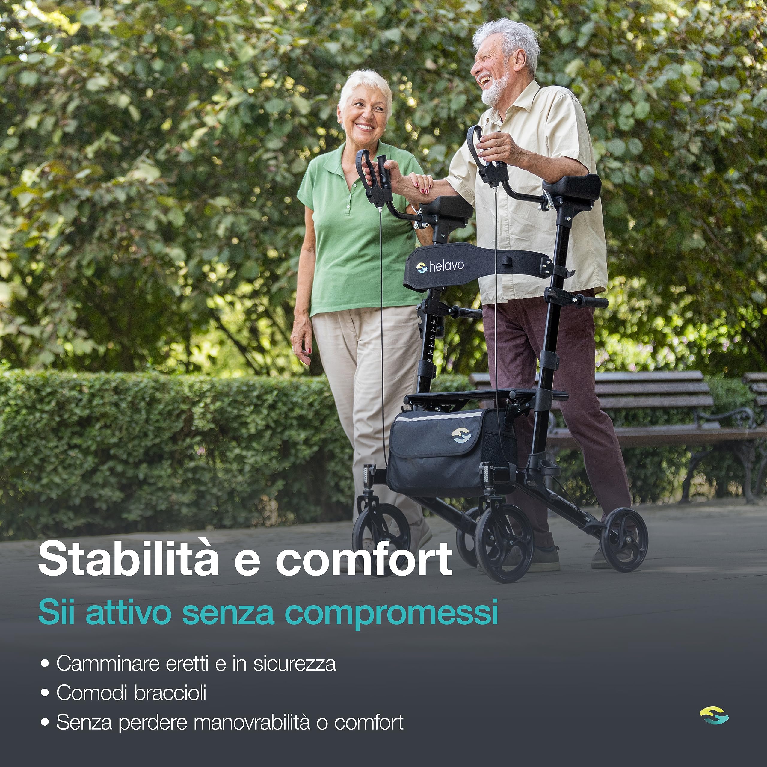 Helavo standing rollator con seduta – deambulatore per anziani pieghevole 4 ruote per interno ed esterno – girello con supporto ascellare, freni, sedile imbottito e schienale regolabile