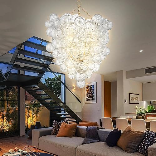 Miniatura 6 de Longree Lámpara de araña de vidrio remolinado con bola de burbujas de mediados de siglo, jaulas de 2 capas de oro dorado y vidrio soplado