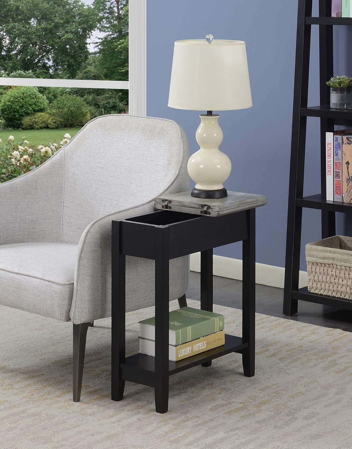 Convenience Concepts American Heritage Flip Top End Table 23.25" - Classic Narrow Chairside Accent with Hidden Storage & Lower Shelf for Traditional, Modern Living Room, Faux Birch/Black