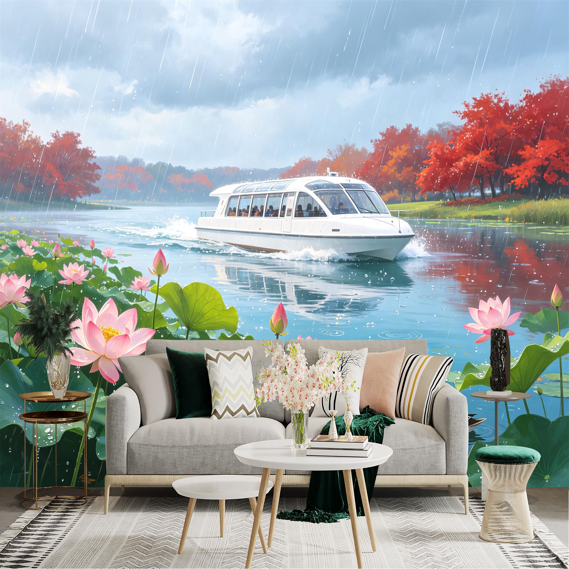 Custom Size Wall Sticker Mural， Rainy Lake with Cruise Boat， Blooming Lotus Flowers and Wild Ducks， Autumn Foliage， for wall Decoration， peelandstick wall Decals.