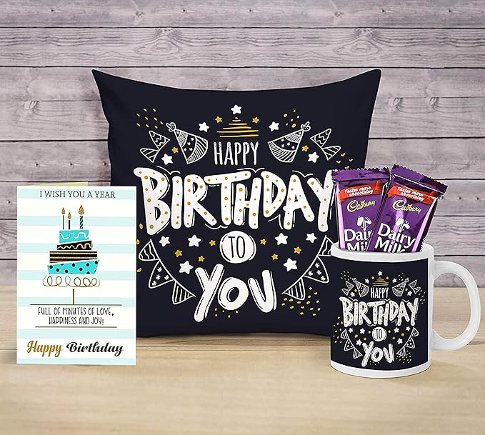 TIED RIBBONS Birthday Gifts Combo for Boyfriend Girlfriend Girls Boys Friend (Coffee Mug, Cushion Cover with Filler (12 X 12 Inch), Greeting Card and Chocolates)