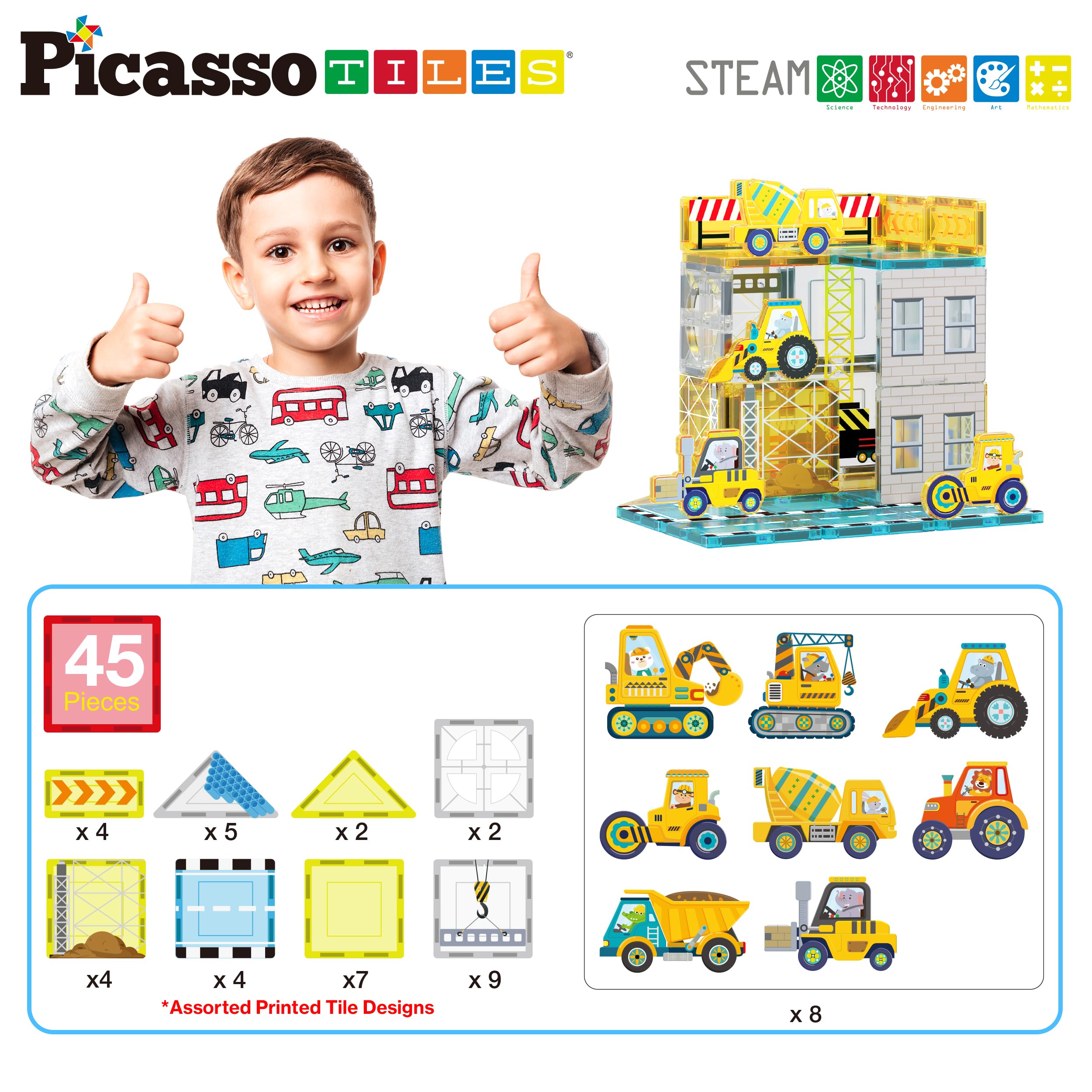 PicassoTiles Magnet Tiles Magnetic Building Blocks with 8 Construction Vehicles Crank Truck Excavator Bulldozer Road Roller Concrete Mixer Tractor Dump Truck Forklift Toys Learning Kids Ages 3+ PTQ11