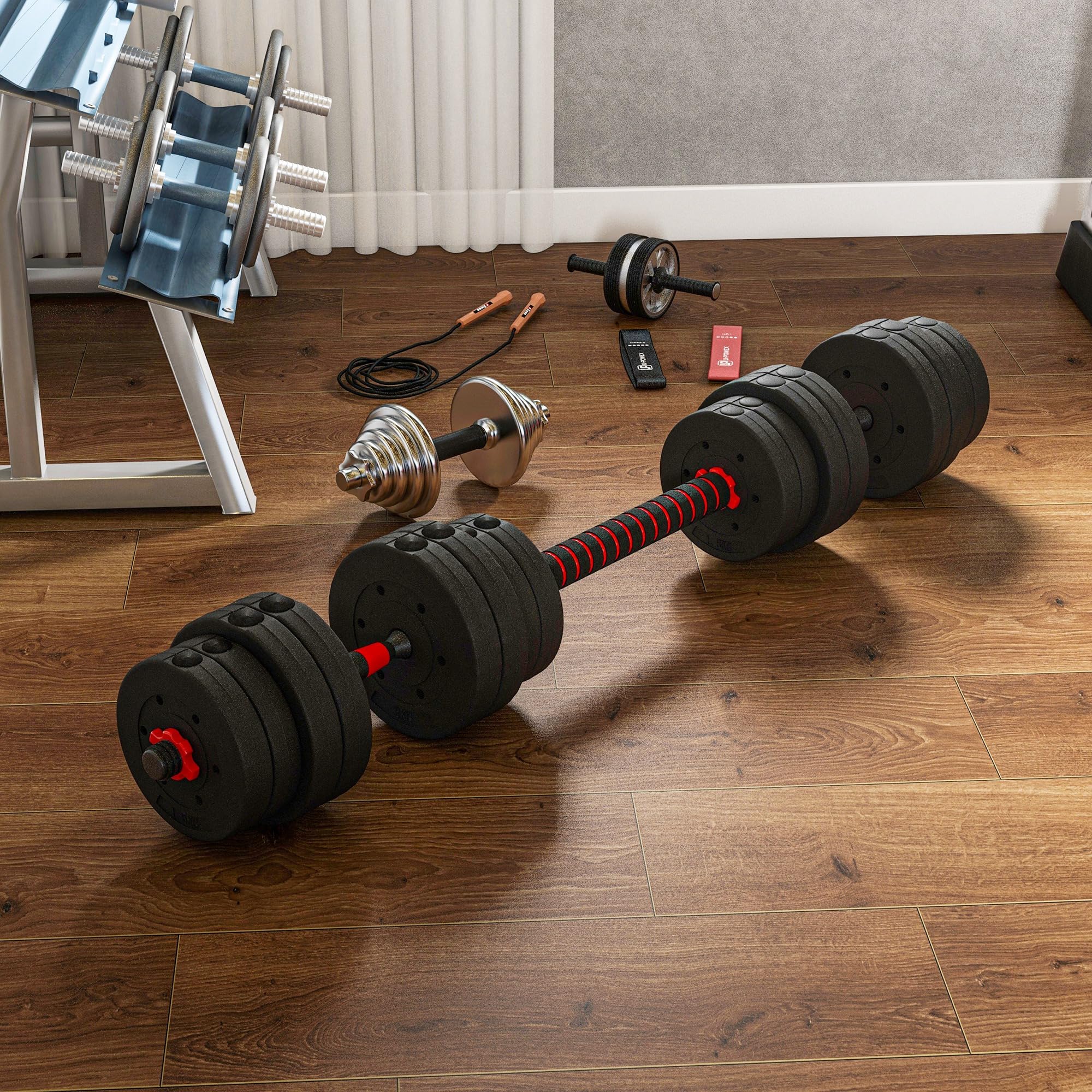 HOMCOM Set Manubri 2 in 1 da 20/25/30kg Totali con Dischi Pesi e Connettore, Set Manubri Regolabili Utilizzabile come 2 Manubri, Bilanciere, Palestra in Casa, Nero
