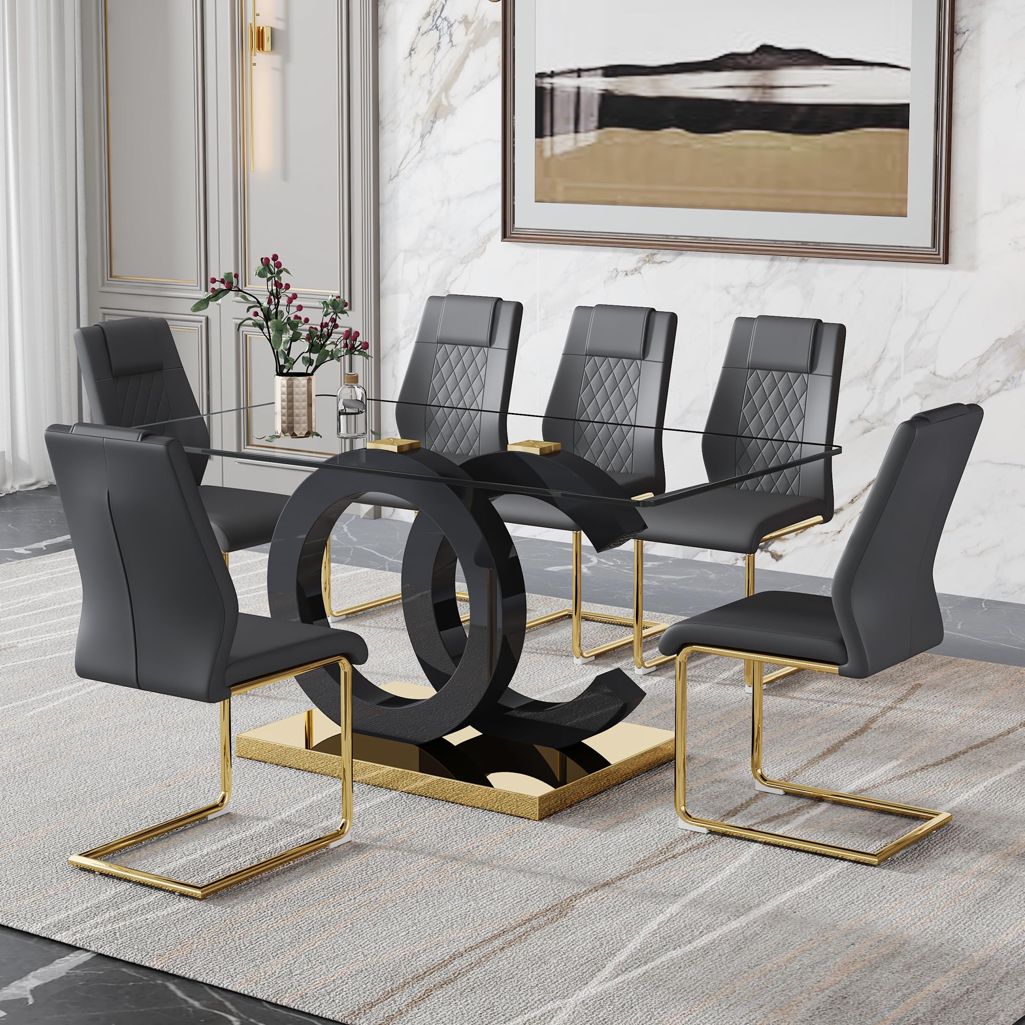 Ebullient Modern Dining Table Set for 6 ，7 Piece Dining Table Chairs Set for 6,Glass Table Top and MDF Base，Rectangular Dining Room Table with 6 PU