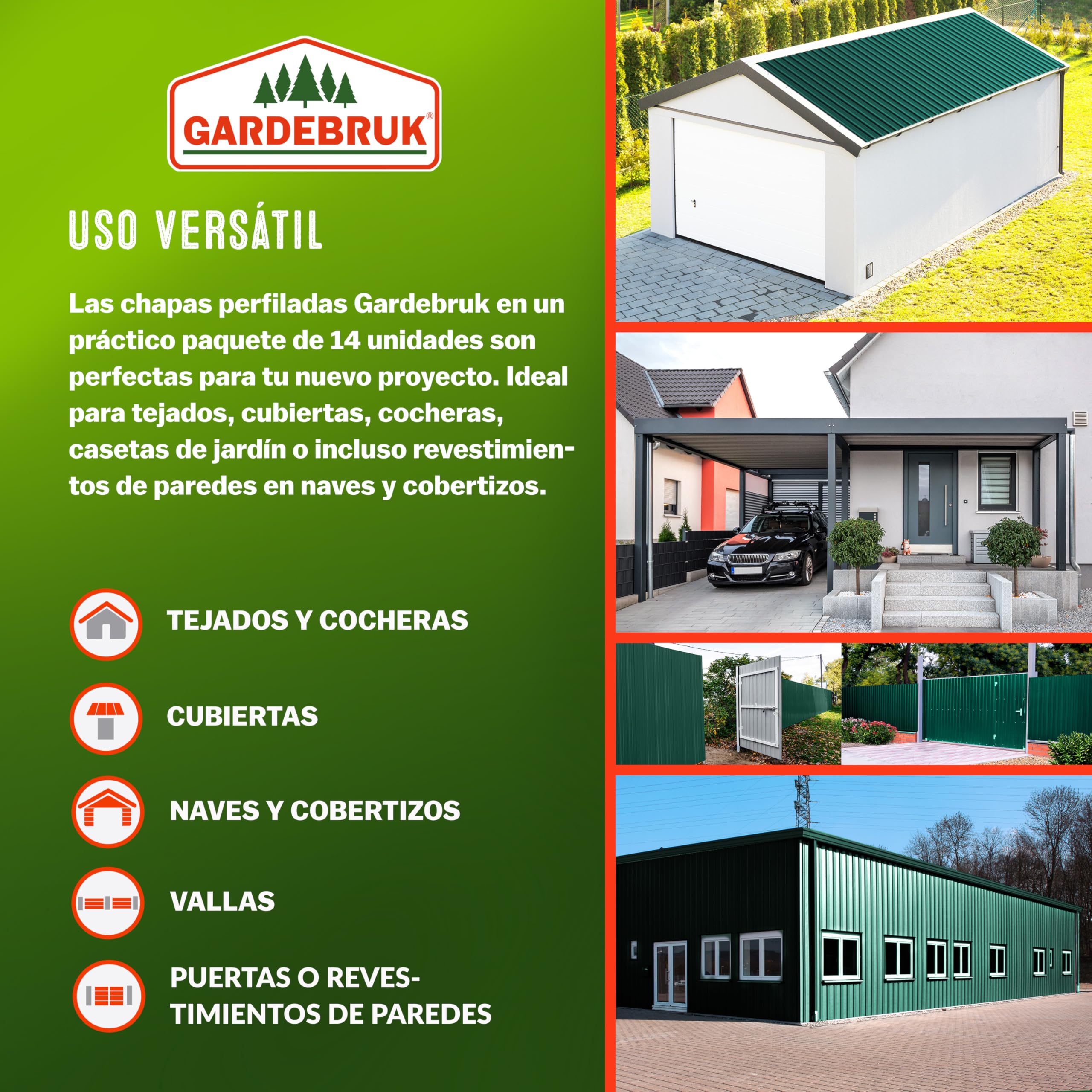 GARDEBRUK® 14x Paneles Tejado Trapezoidales, 110x46cm = 7m², Placas Galvanizadas, Chapas Onduladas Perfiladas Sandwich, Sin Agujeros, Verde, Garage Caseta Cobertizo Construcción, Fácil Montaje