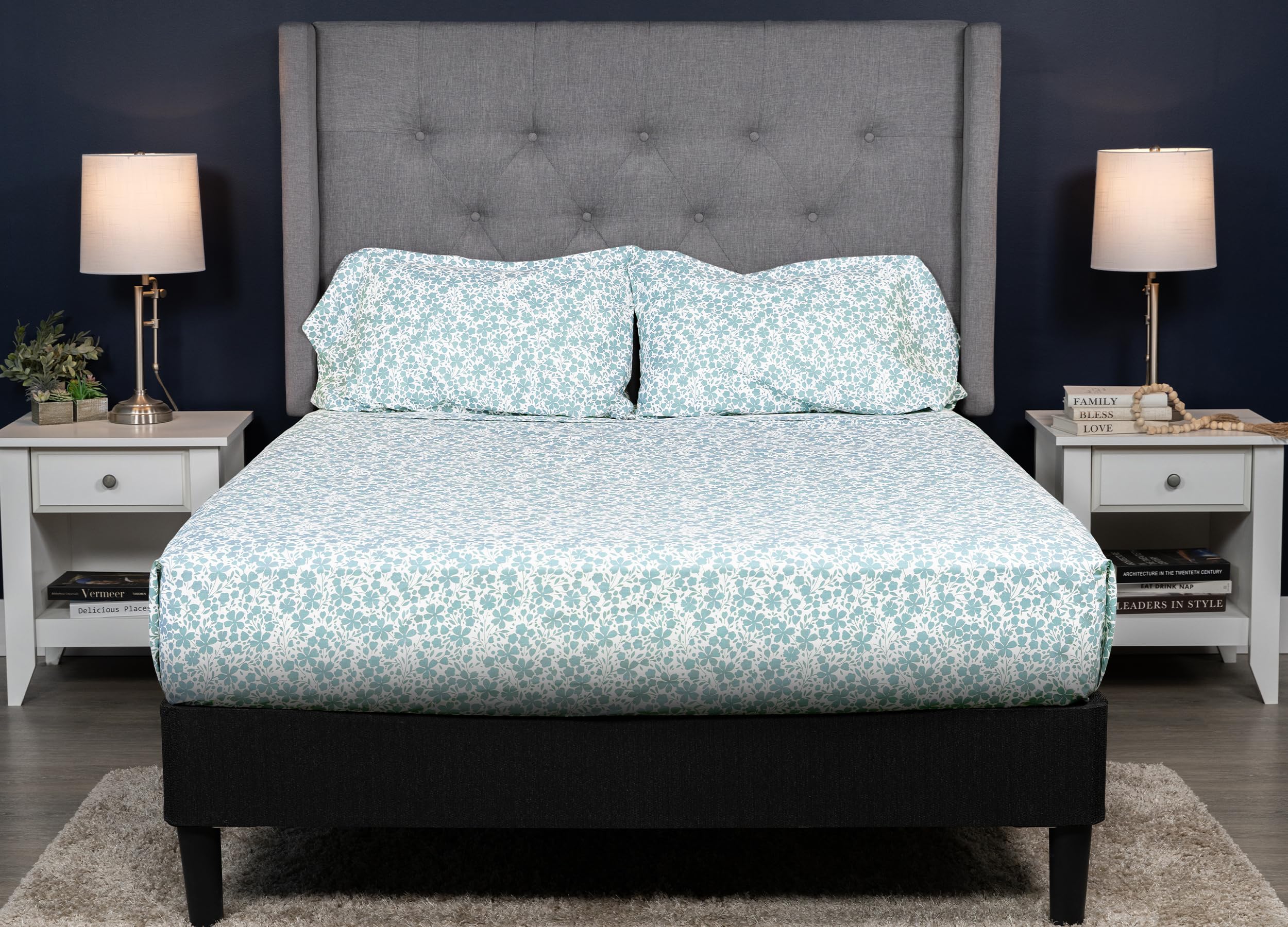 MyPillow Percale 200 Thread Count Sheet Set - 100% Cotton Sheets for Queen Size, Breathable & Crisp Soft Sheets, Deep Pocket, Bed Linen Sheets & Pillowcases [Queen, Blue Leaf]