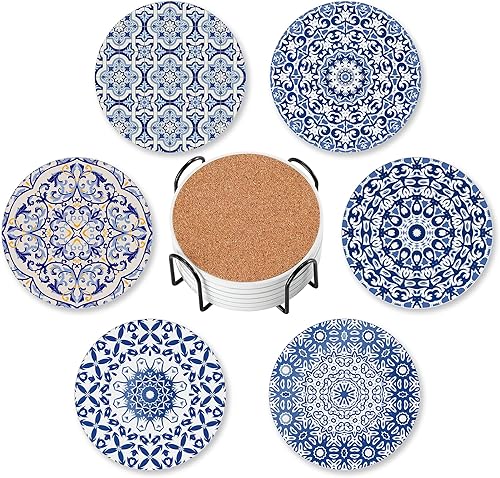 Miniatura 15 de Posavasos de cerámica redondos absorbentes con soporte para protección de mesa, para taza de café, bebidas, vino, cerveza, bar, 6 unidades Vintage