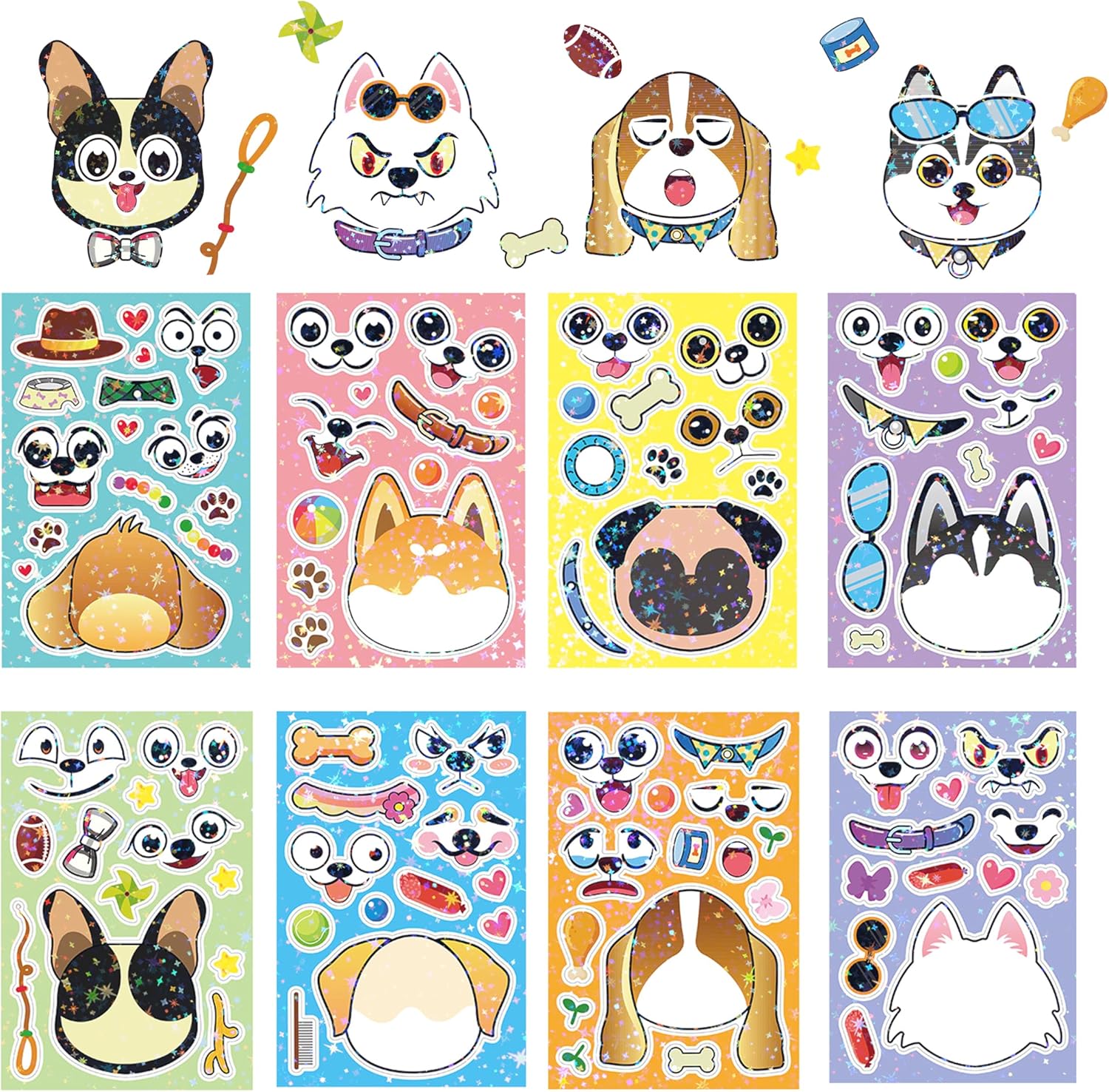 Dvobez 8 Sheets Holographic Make a Face Stickers for Kids, Make Your Own Stickers for Kids Crafts Party Favors Goodie Bags Stuffers Birthday Supplies - Dogs