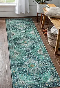 Moynesa Ultra-Thin Washable Vintage Runner Rug - 2'6"x8 Boho Hallway Kitchen Runner Oriental Medallion Bedside Mat Non-Slip Non-Shedding Indoor Throw Carpet for Laundry Entrance, Teal/Mutil