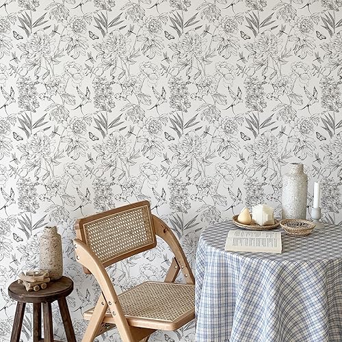 Miniatura 2 de JiffDiff Papel tapiz floral en blanco y negro diseño de peonías removibles despegar y pegar papel tapiz floral con bocetos autoadhesivo prepegado