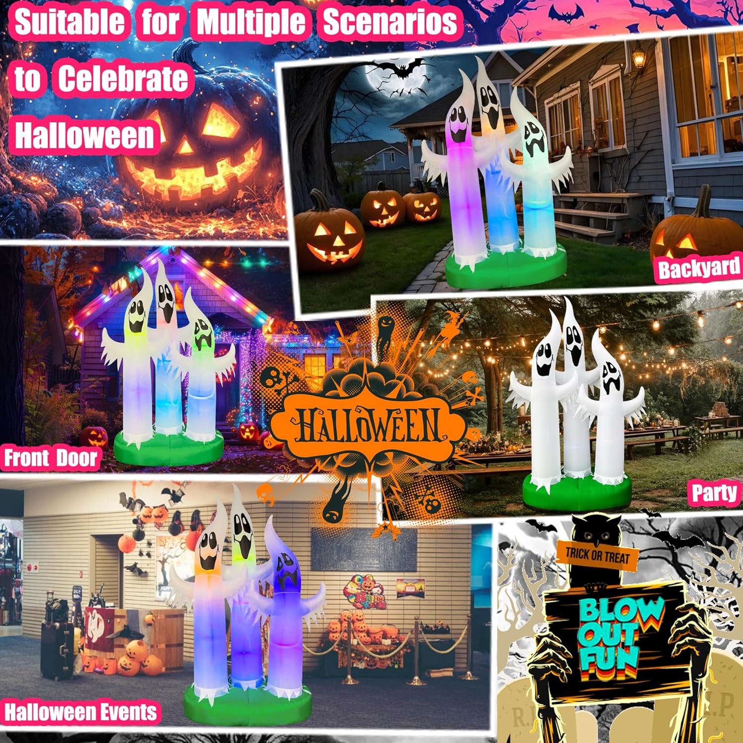 BLOWOUT FUN 10FT Halloween Inflatables Ghost Family Outdoor Decorations with RGB LEDs Blow Up Yard Halloween Decorations Outdoor Spooky Ghost Decor for Lawn Garden Holiday Party Decor