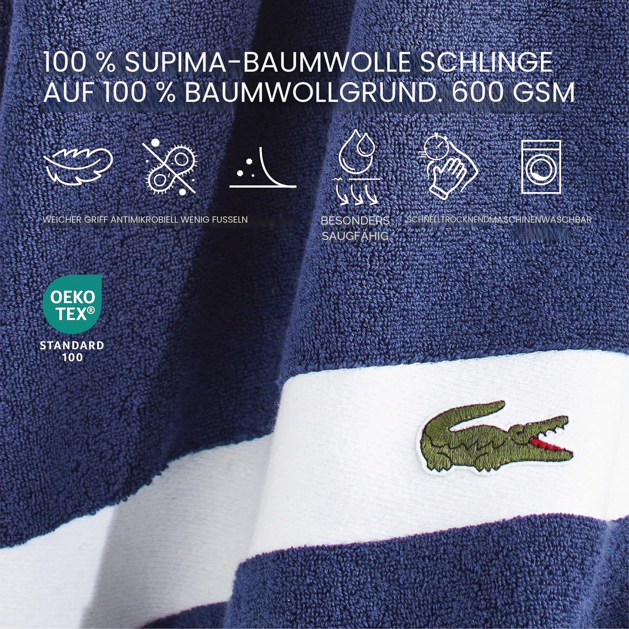 Lacoste Sport Stripe 6-teiliges Luxus-Baumwollhandtuch-Set aus 100% weicher Supima-Baumwolle saugfähig schnelltrocknend
