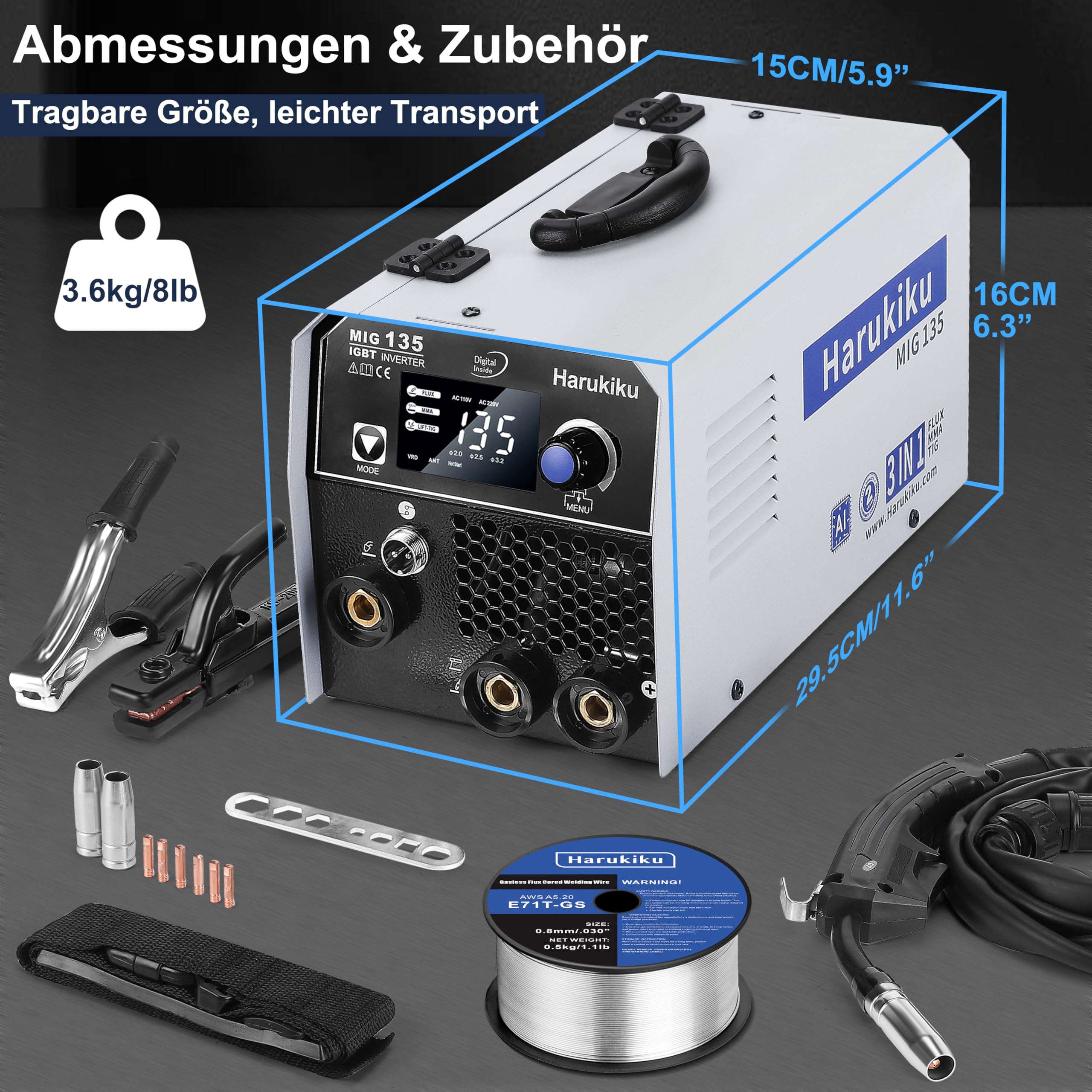 Harukiku135A Fülldraht Schweißgerät Ohne Gas,3-in-1 Elektroden Schweißgerät (Flux MIG/ARC,MMA/Lift WIG),mit Synergischem Drahtvorschub kompakter IGBT Inverter Schweissgerät, für Profis & Home DIY