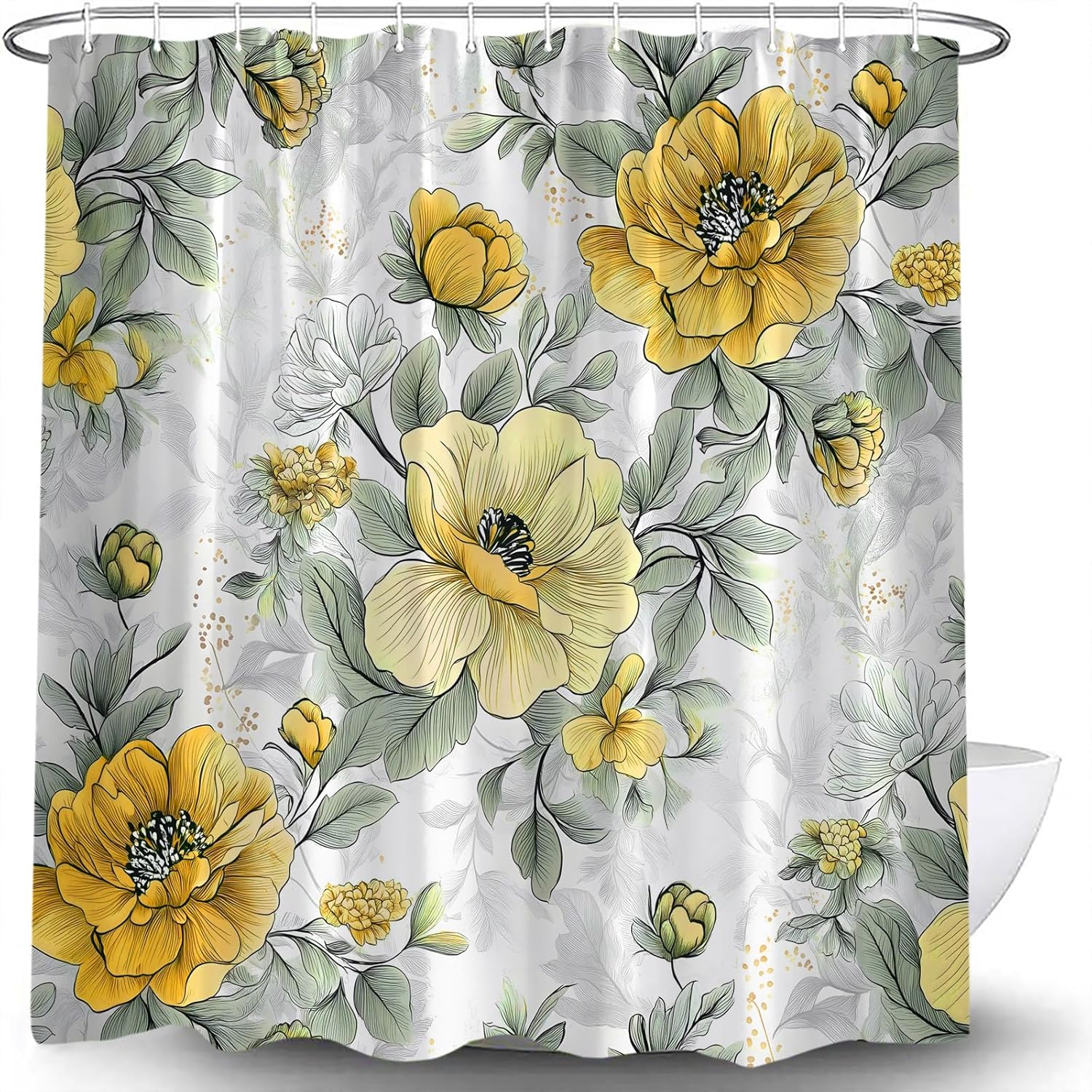 Floral Shower Curtain Yellow Grey Watercolor Floral Spring Flower Modern Aesthetic Flower Elegant Wildflower Vintage Rustic Farmhouse Fabric Bathroom Curtain Set with Hook