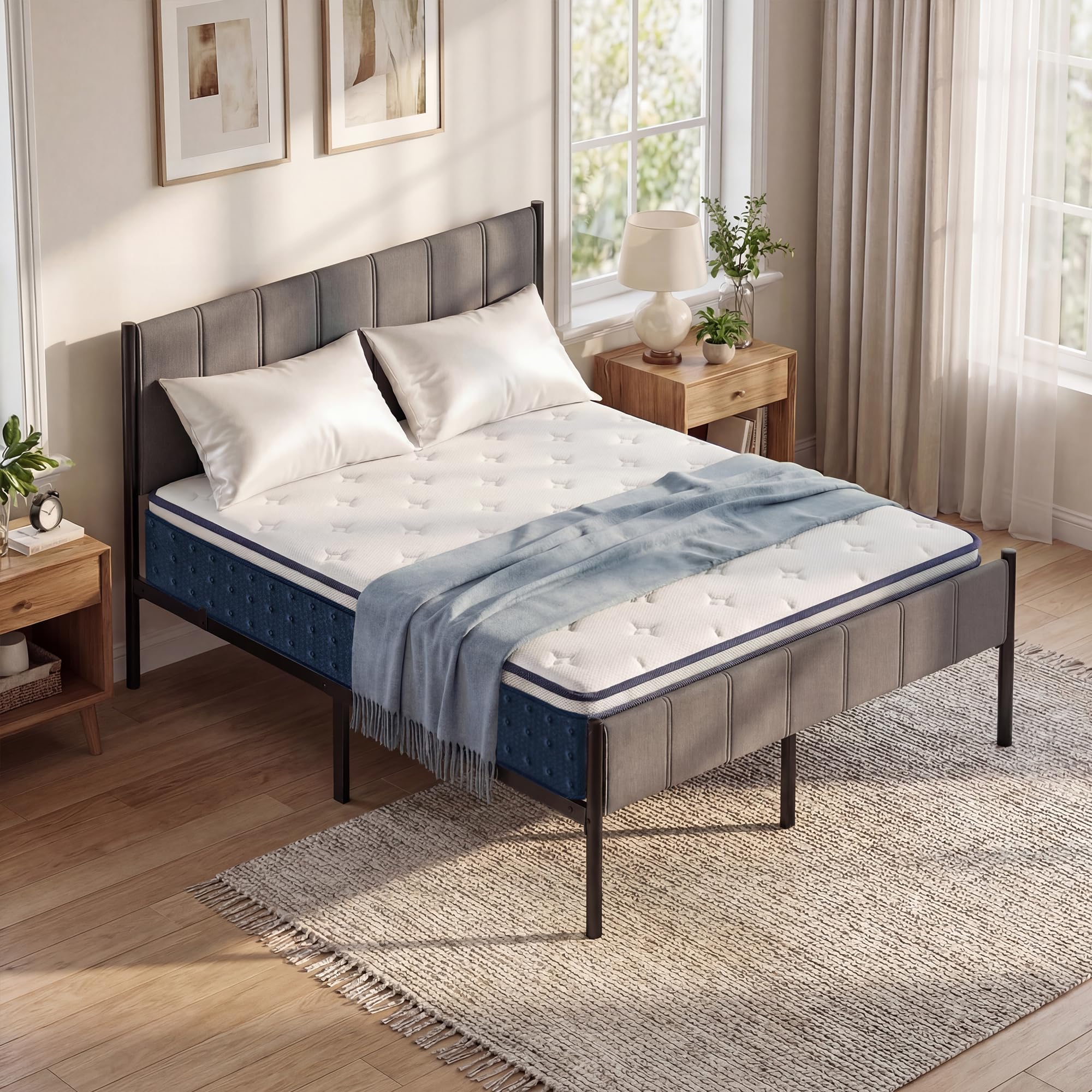 VASAGLE King Bed Frame Bundle with Mattress, 150 x 200 cm, Upholstered Headboard, Hybrid Pocket Spring and Gel Memory Foam, 500 kg Weight Capacity, Medium Firm, Slate Grey and Blue RMZ227QZ02-01