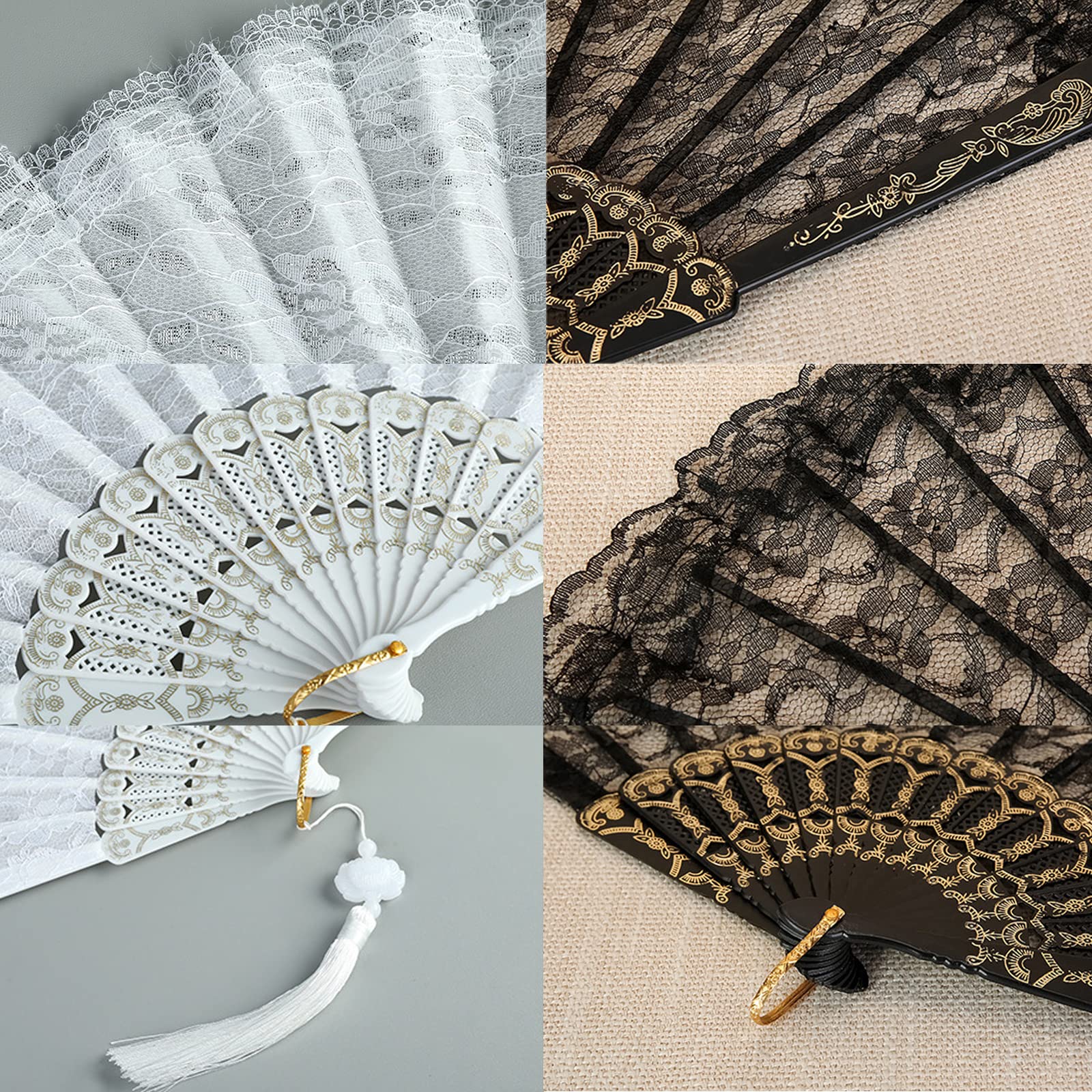 Parallelower Ventaglio Nero Pizzo Ventagli Pieghevole con Nappa Vintage Ventaglio a Mano in Pizzo per Halloween Ballando Tea Party Nozze Costume