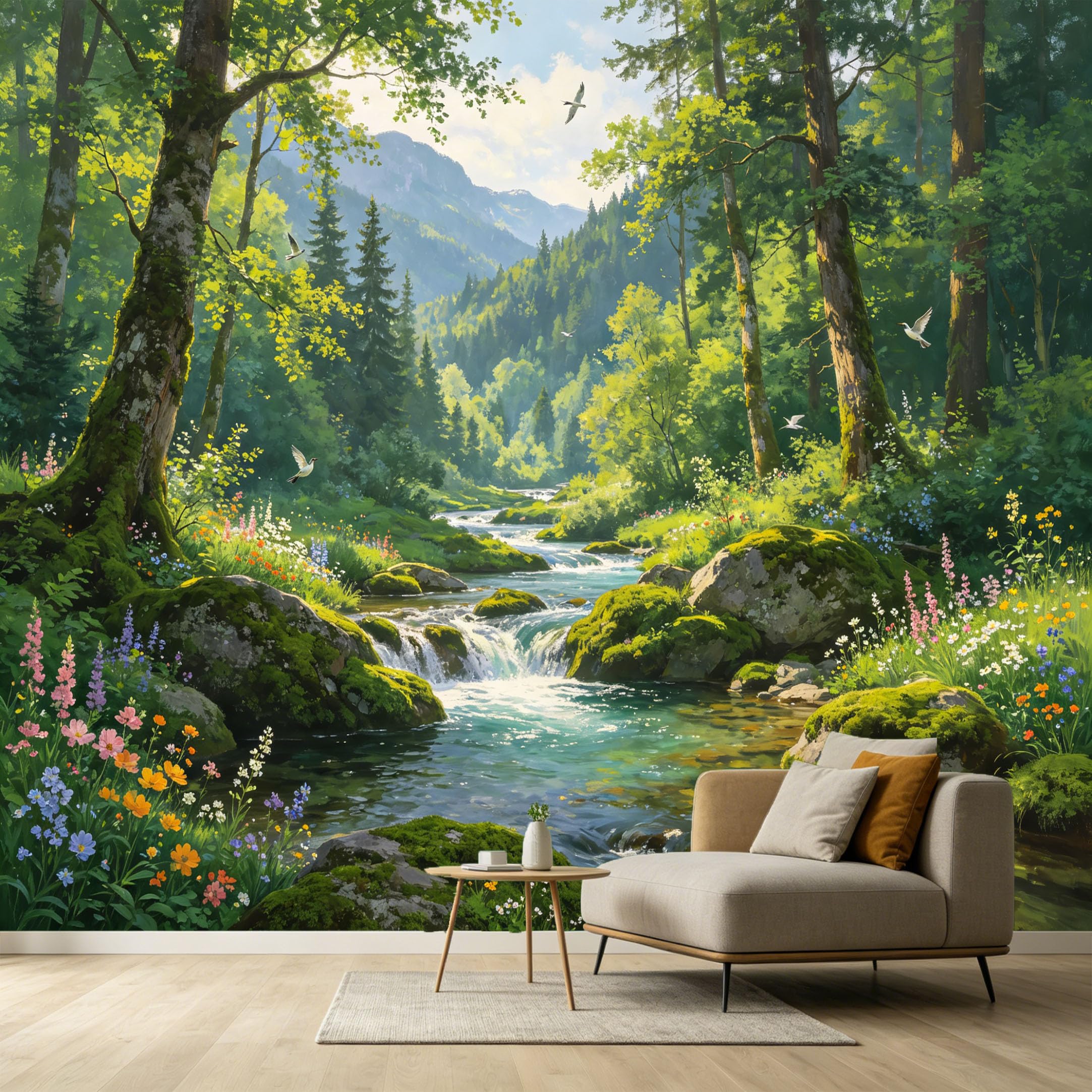 Custom Size Wall Murals Forest Landscape Oil Painting Flowing River Mountain Peaks SelfAdhesive Wall Fabric Removable Large Wallpaper for Photo Living Room