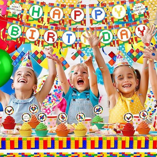 Miniatura 4 de Spiareal 78 piezas de suministros para fiesta de cumpleaños de bloques de construcción, decoración de fiesta de cumpleaños, incluye pancarta de