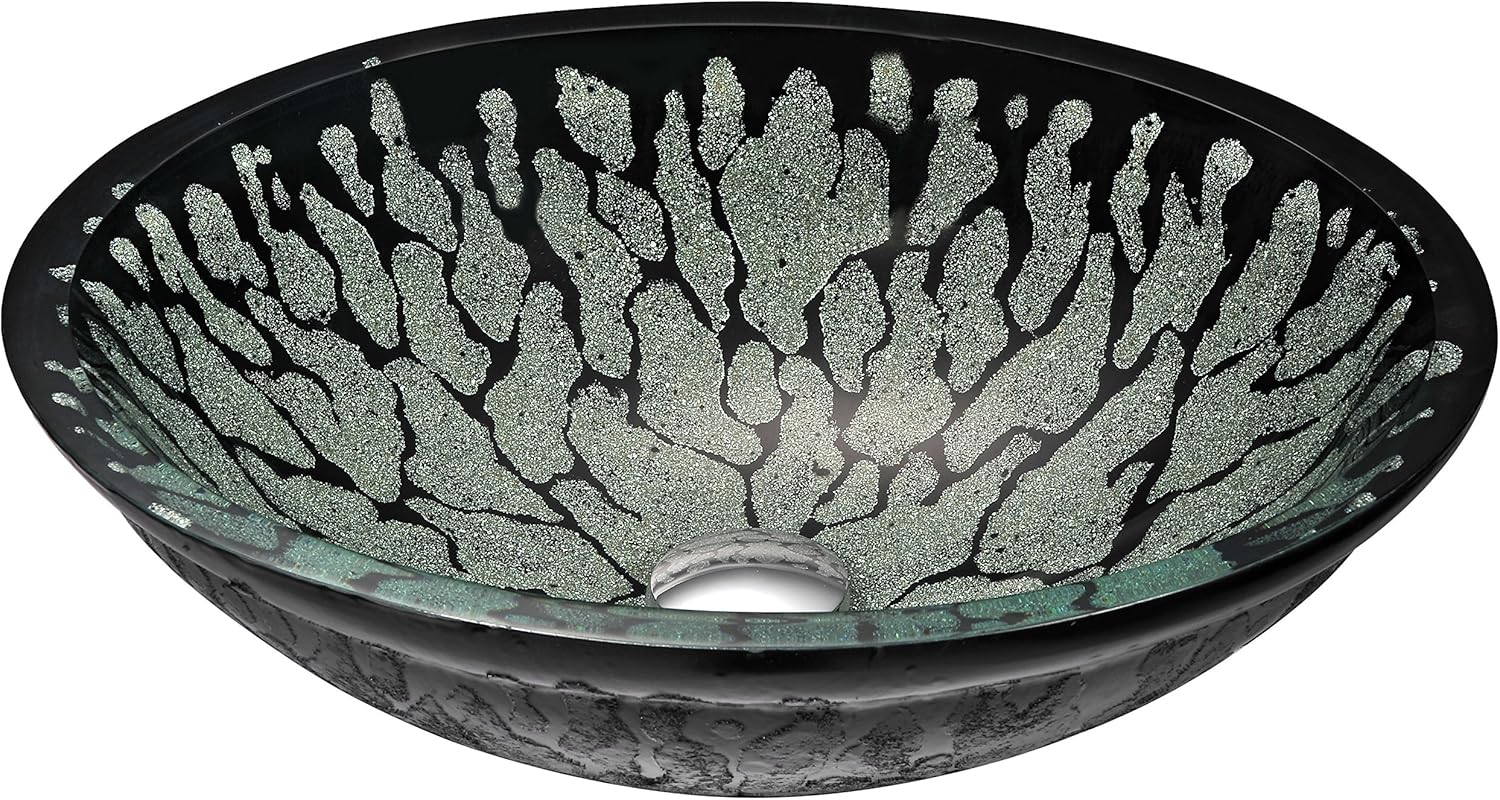 ANZZI Bravo Series Modern Tempered Glass Vessel Bowl Sink in Lustrous Black | Top Mount Bathroom Sinks Above Counter | Round Vanity Countertop Sink Bowl with Pop Up Drain | LS-AZ043