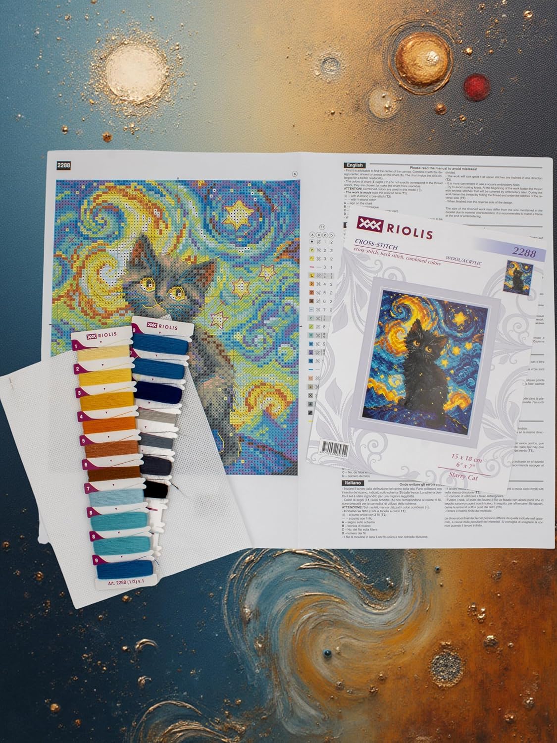 RIOLIS - Starry Cat 2288, Cross Stitch Kits 6"x7", Cat Cross Stitch Kits for Beginners & Advanced, Crossstitching Kit Adult, Animals Embroidery Counted Stitching Kit