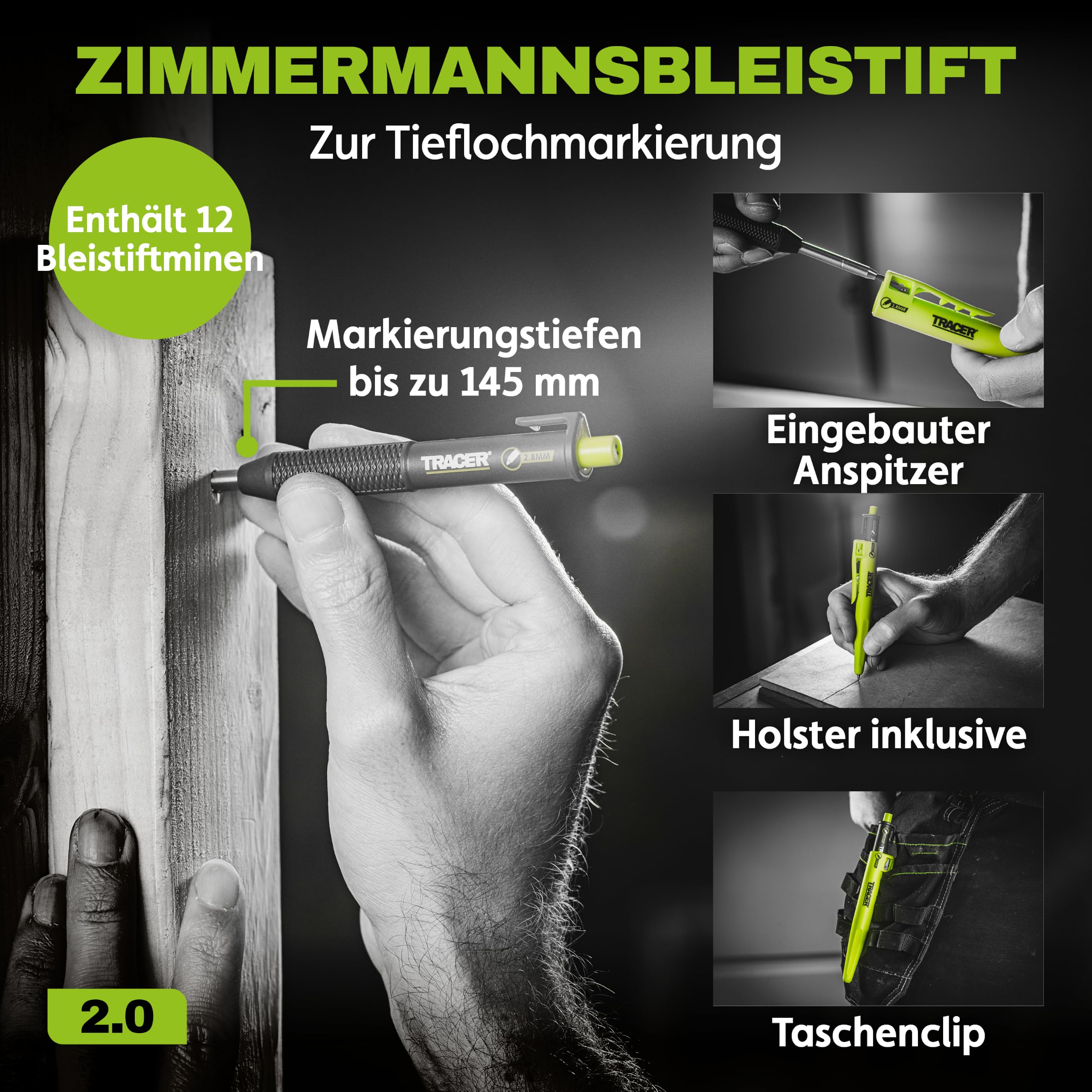 TRACER TrueScribe Anreißwerkzeug Set mit Zimmermannsbleistift, Tieflochmarker Bleistift, 12 Minen & Etui – Präzises Scribe‑Tool für Profis