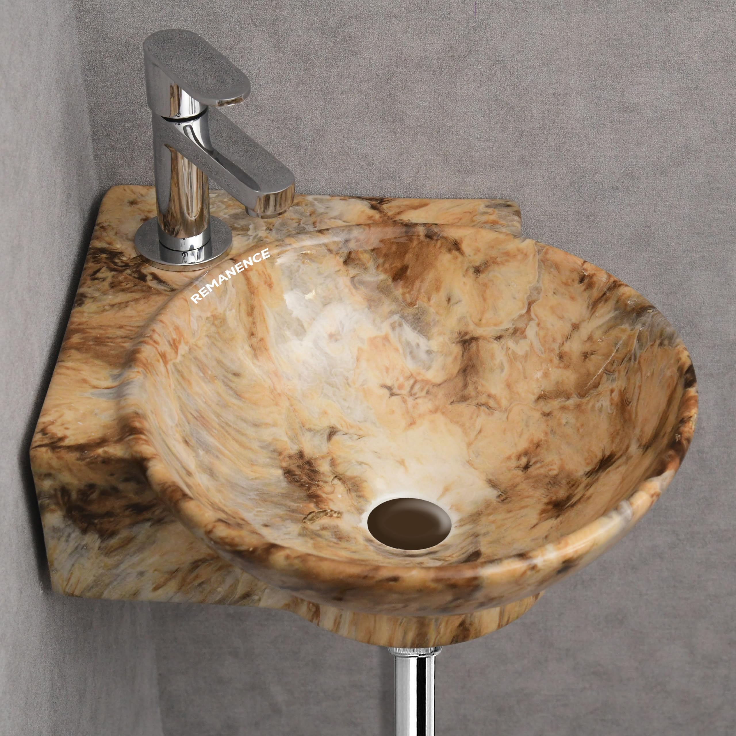 REMANENCE Wall Mounted Wash Basin for Bathroom | Ceramic Wash Basin Wall Hung Small Corner Wash Basin/Sink (16.3 x 13.8 x 4.3 Inch) (Marble Brown)
