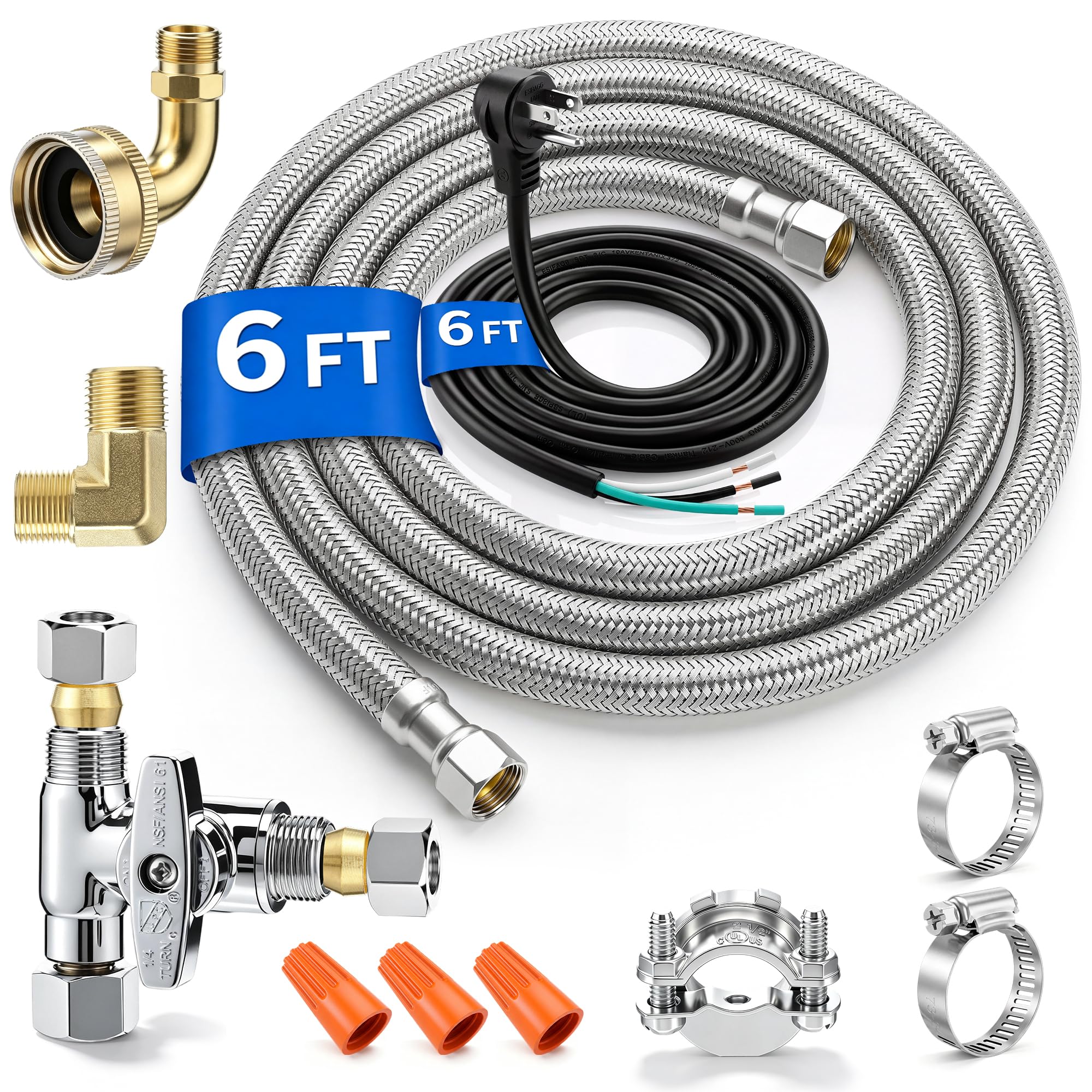 Dishwasher Installation Kit, 6 Ft. Braided Stainless Steel Supply Line with 3-prong Power Cord, 3/8 Inch Compression Ends, Tee Valve, Brass Fittings, Hose Clamps &amp; Connectors-Dishwasher Power Cord Kit