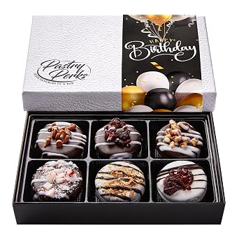 Pastry Perks Happy Birthday Gift Basket -6 Gourmet Chocolate-Covered Cookies, Sweet Celebration Treats for Men, Women, and Grandma Food Delivery Gift Ideas