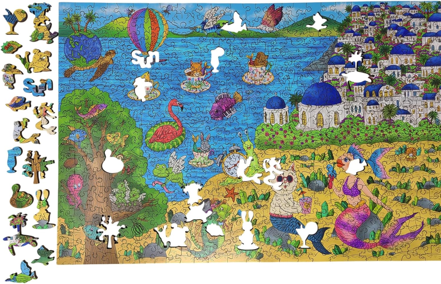 Wooden Puzzle for Adults - Uniquely Shaped Pieces - Made in The USA by FoxSmartBox - 480 Pieces - A Sunny Day in Santorini